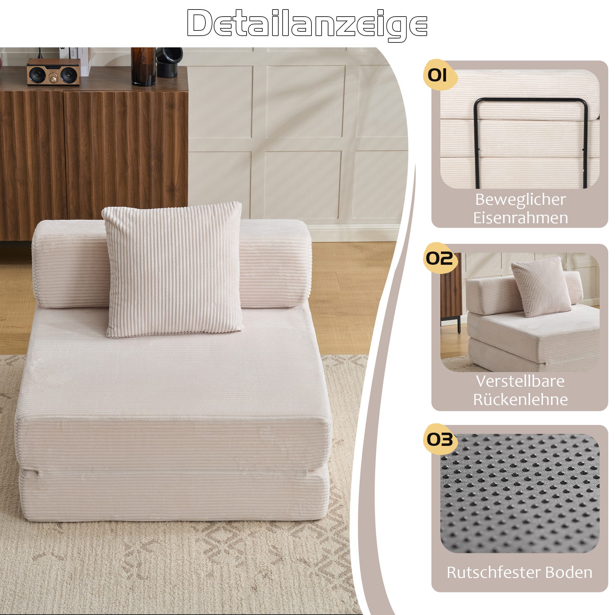 Vankel Loungebett Sofas Wohnzimmer, Sessel mit Schlaffunktion aus Cord faltbar, 1-Sitzer Schlafsessel, platzsparend, bequem und ohne Montage