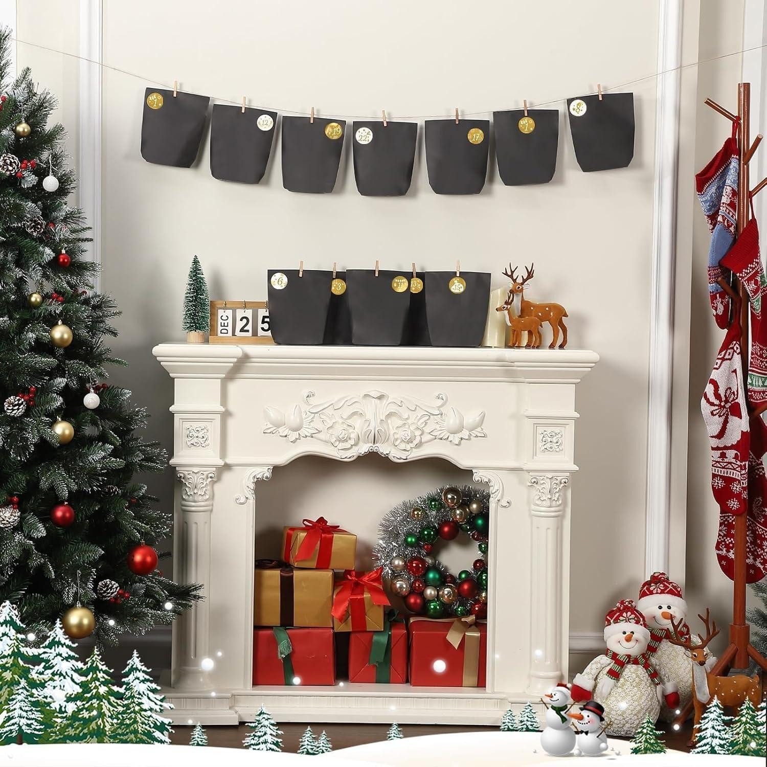 LuxusKollektion DIY-Adventskalender Adventskalender Schwarz 24 DIY Goldsticker Papiertüte + Holzklammern