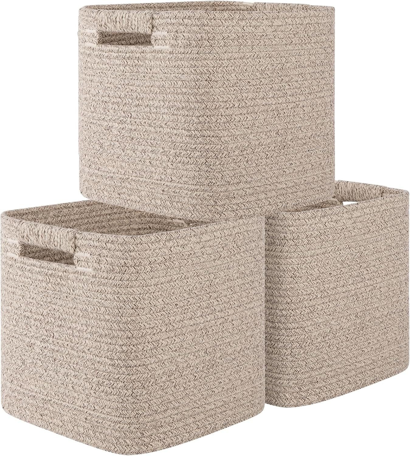 FELIXLEO Regalkorb 3 Aufbewahrungskörbe Baumwollseil 28 cm Braun quadratisch