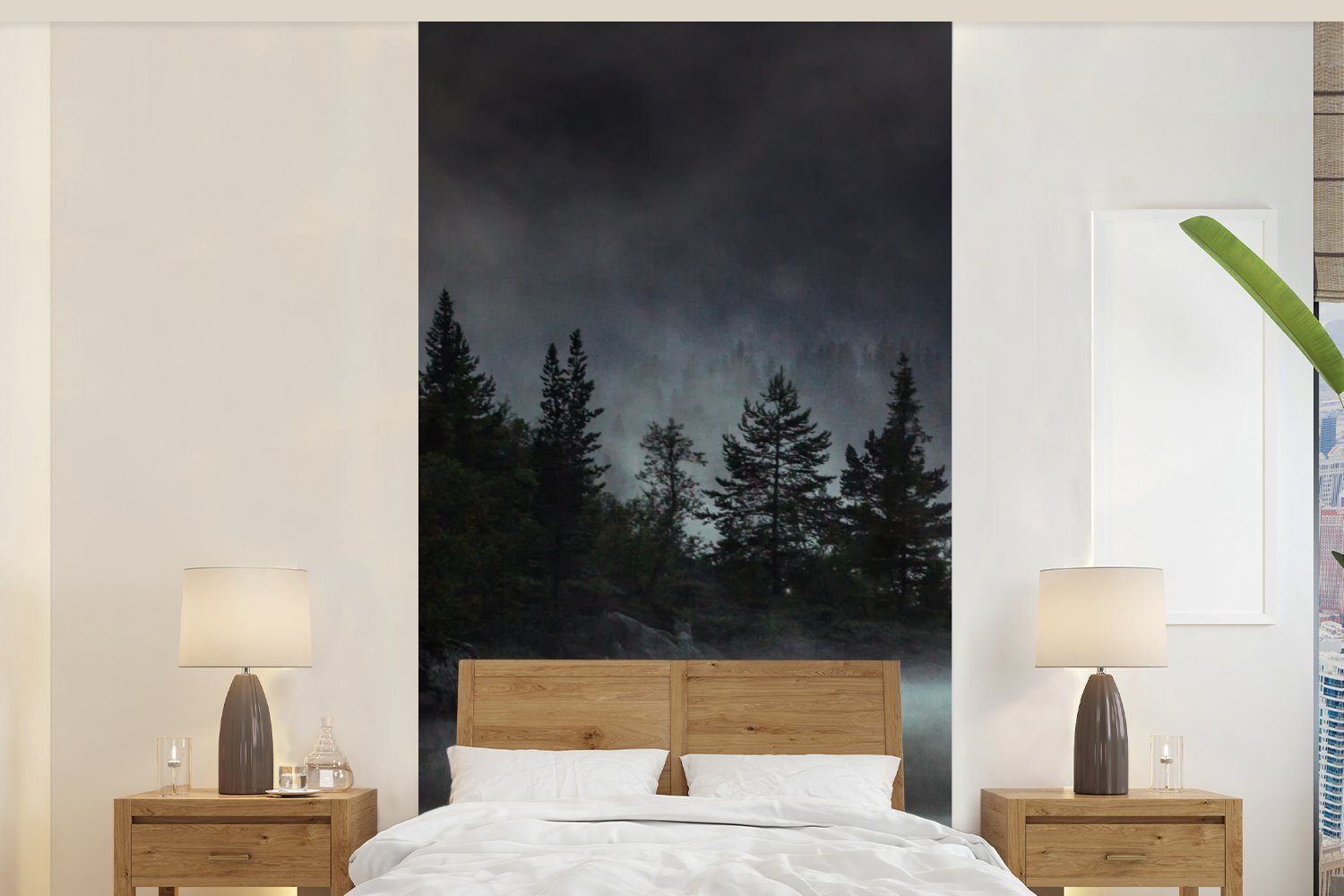 MuchoWow Fototapete Wald - Nebel - Schwarz - Weiß, Matt, bedruckt, (2 St), Vliestapete für Wohnzimmer Schlafzimmer Küche, Fototapete
