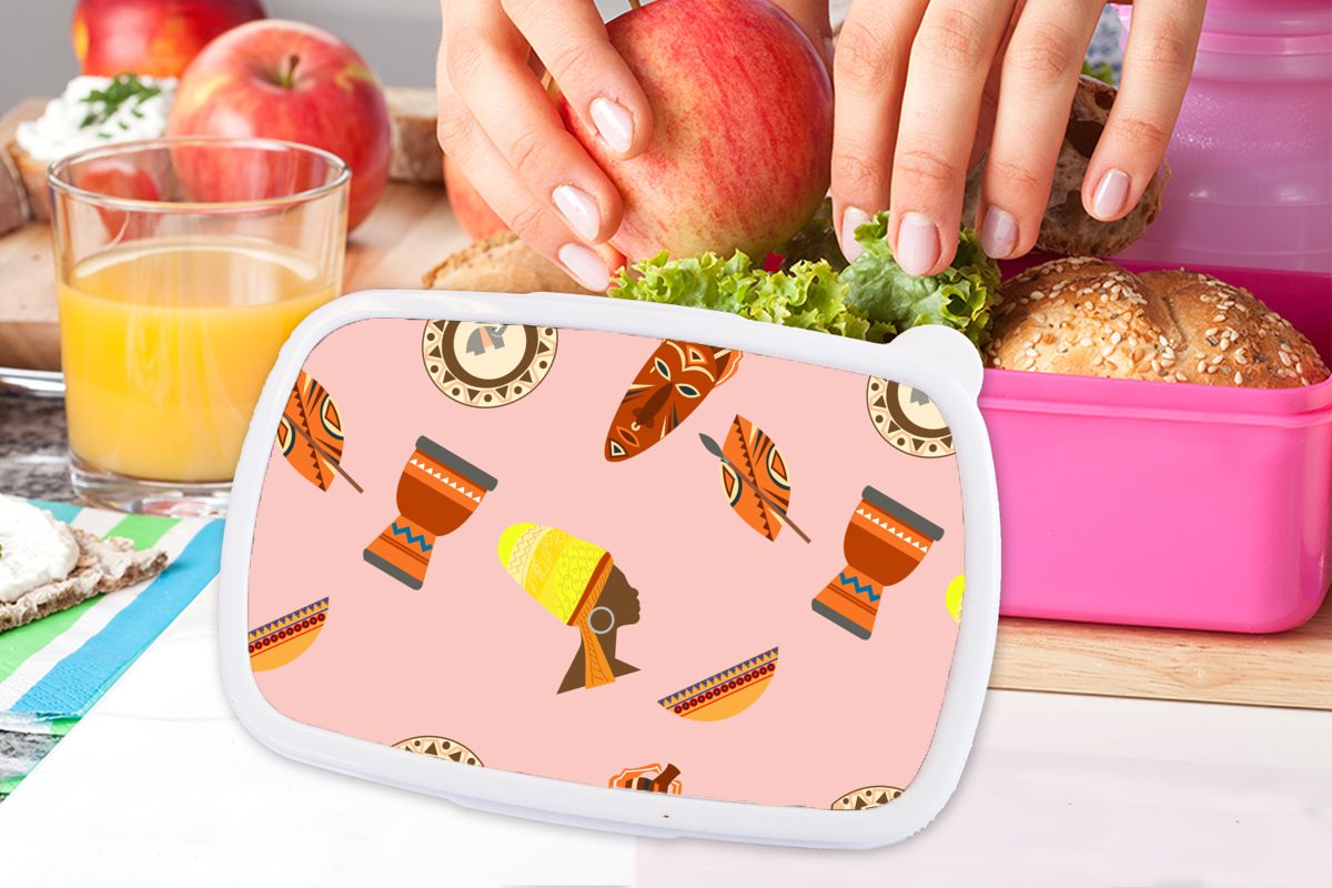Snackbox, Mädchen, Schnittmuster Brotdose Erwachsene, rosa Masken, Afrikanische (2-tlg), - Kinder, Kunststoff, für - - MuchoWow Kunststoff Afrika Lunchbox Brotbox Djembé