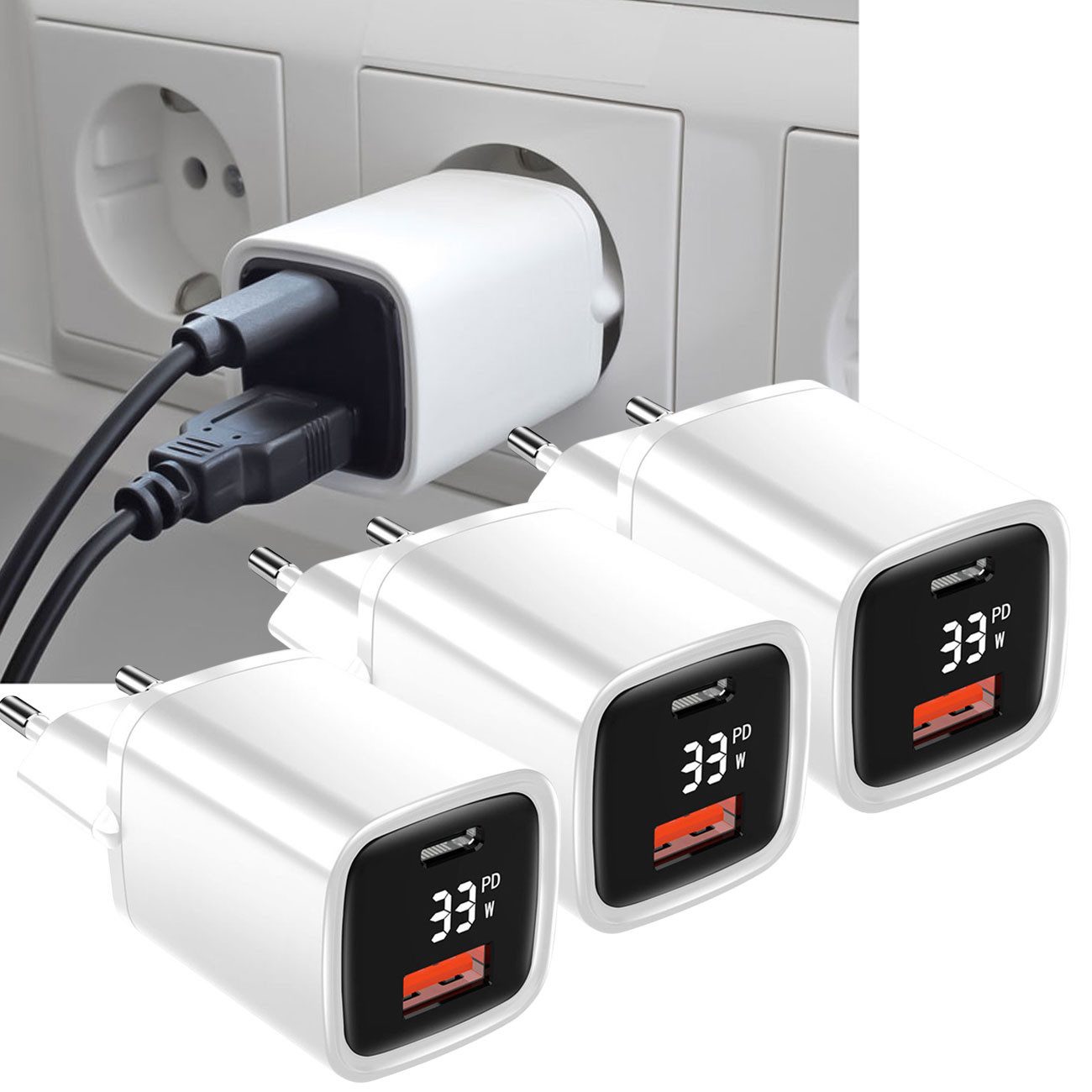 EAXUS 33W Dual USB Netzteil, USB-C & USB-A, Power Delivery, LED-Anzeige USB-Ladegerät (3-tlg., 1er-Set & 2er-Set & 3er-Set, 33W USB Schnellladegerät mit USB-C, USB-A und digitaler Watt-Anzeige)