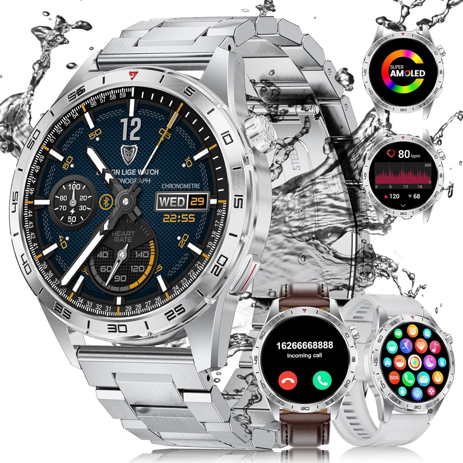 BENYAR SML3-F Smartwatch (3,6 cm, android ios), Smartwatch mit AMOLED Display Telefonfunktion Militärdesign IP68