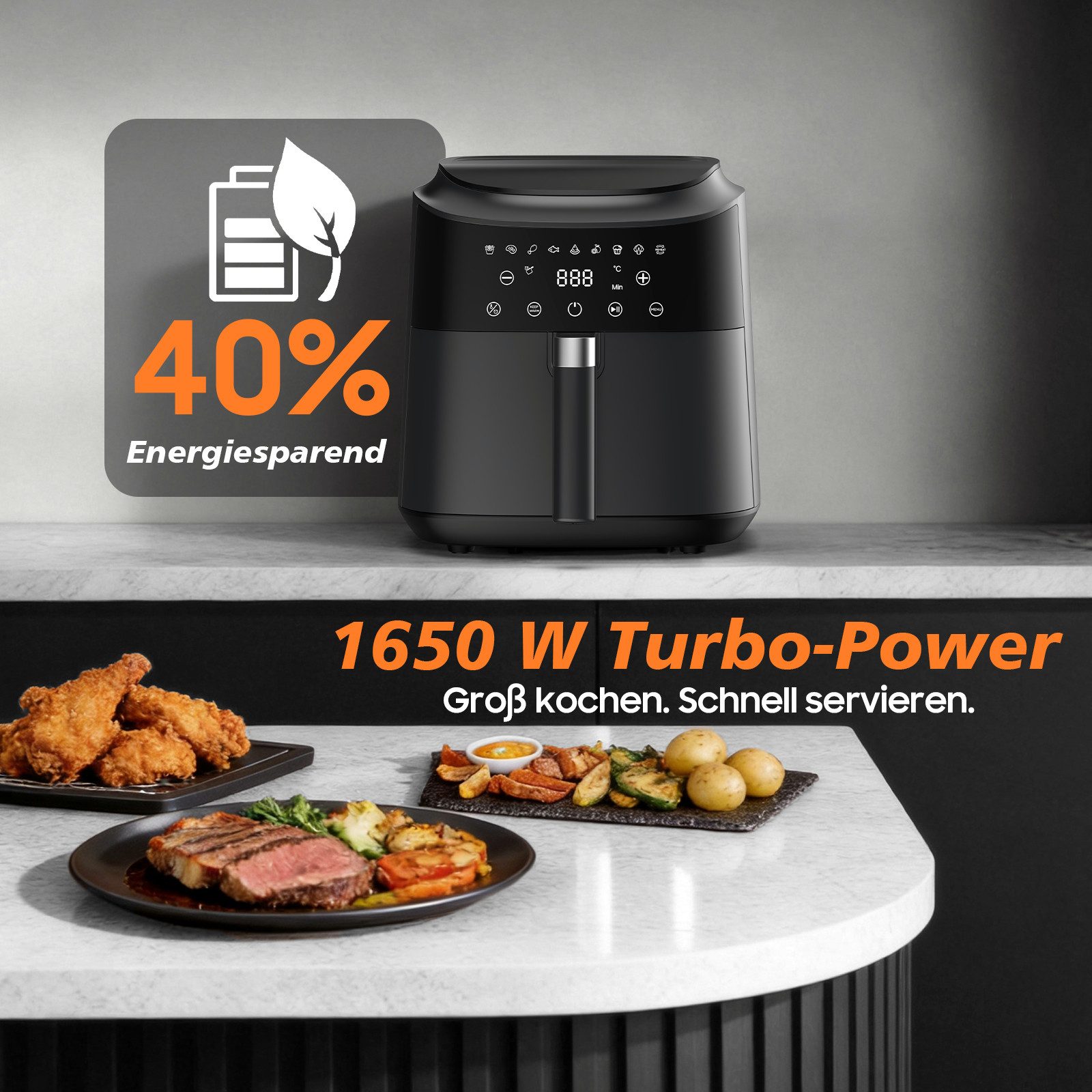 AIMAX Heißluftfritteuse Airfryer 6L, 360° Heißluft, Timer, 40–200°C, Spülmaschinenfest, fettarm, ohne Öl, 1650 W, Touchdisplay, LED-Bildschirm, 9 Programme, Überhitzungsschutz