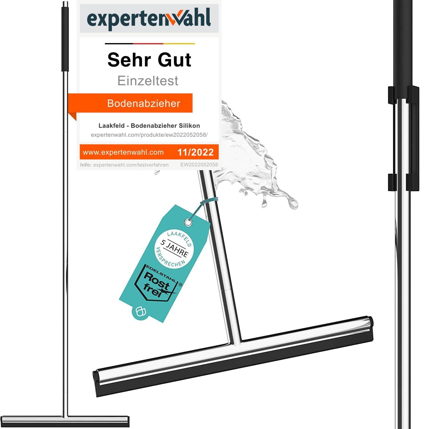 Laakfeld Wasserabzieher Edelstahl Hochglanz poliert mit Silikonhalterung ohne Bohren, (Bodenabzieher Dusche mit Lippe und Griff aus Silikon - Abzieher Dusche Boden optimiert), Wasserabzieher Boden ergonomisch