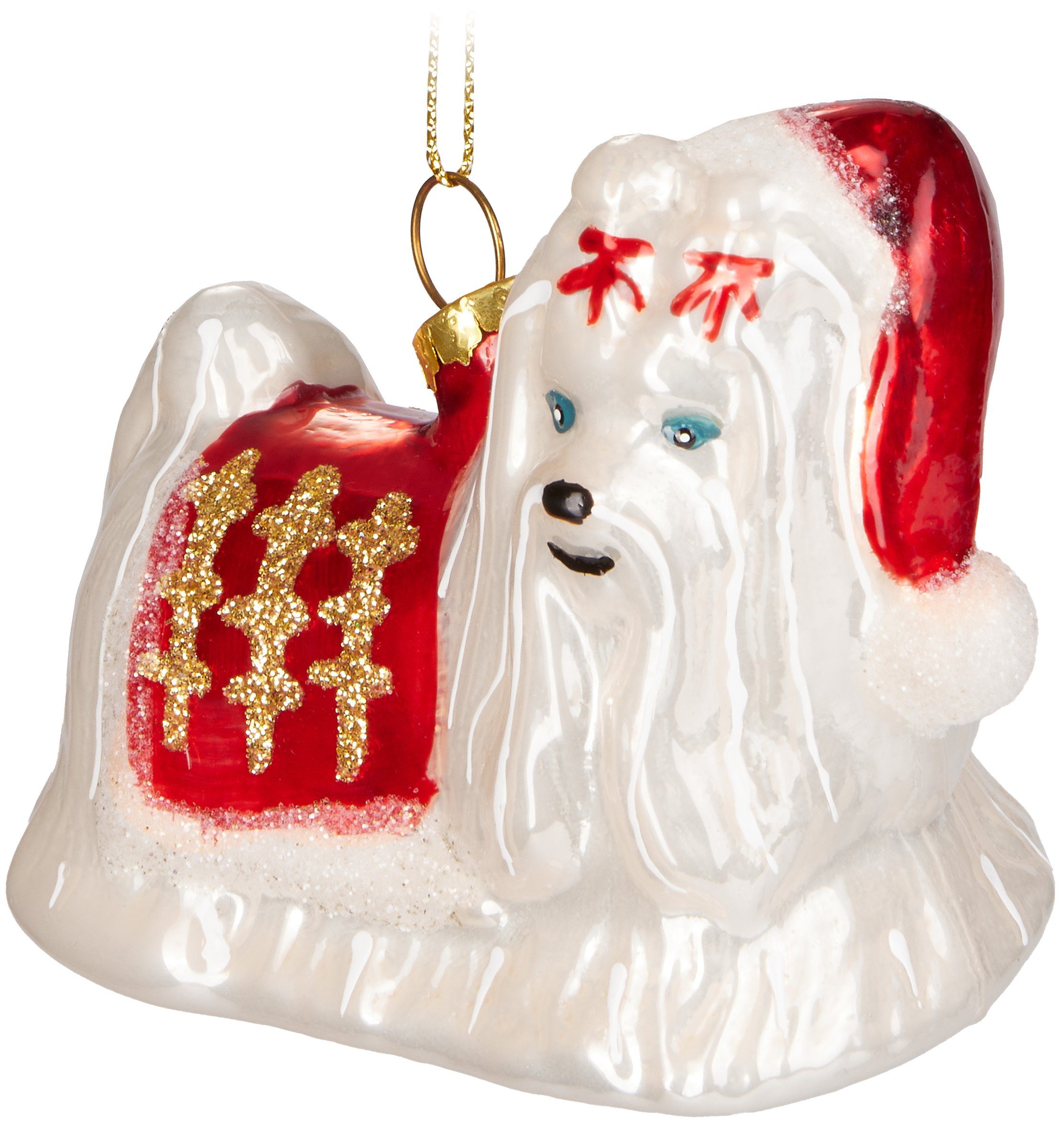 BRUBAKER Christbaumschmuck Hund mit Weihnachtsmütze, Handbemalte Kugel - Baumkugel 7,2 cm (1-tlg), Lustige Weihnachtskugel Malteser aus Glas - Christbaumschmuck