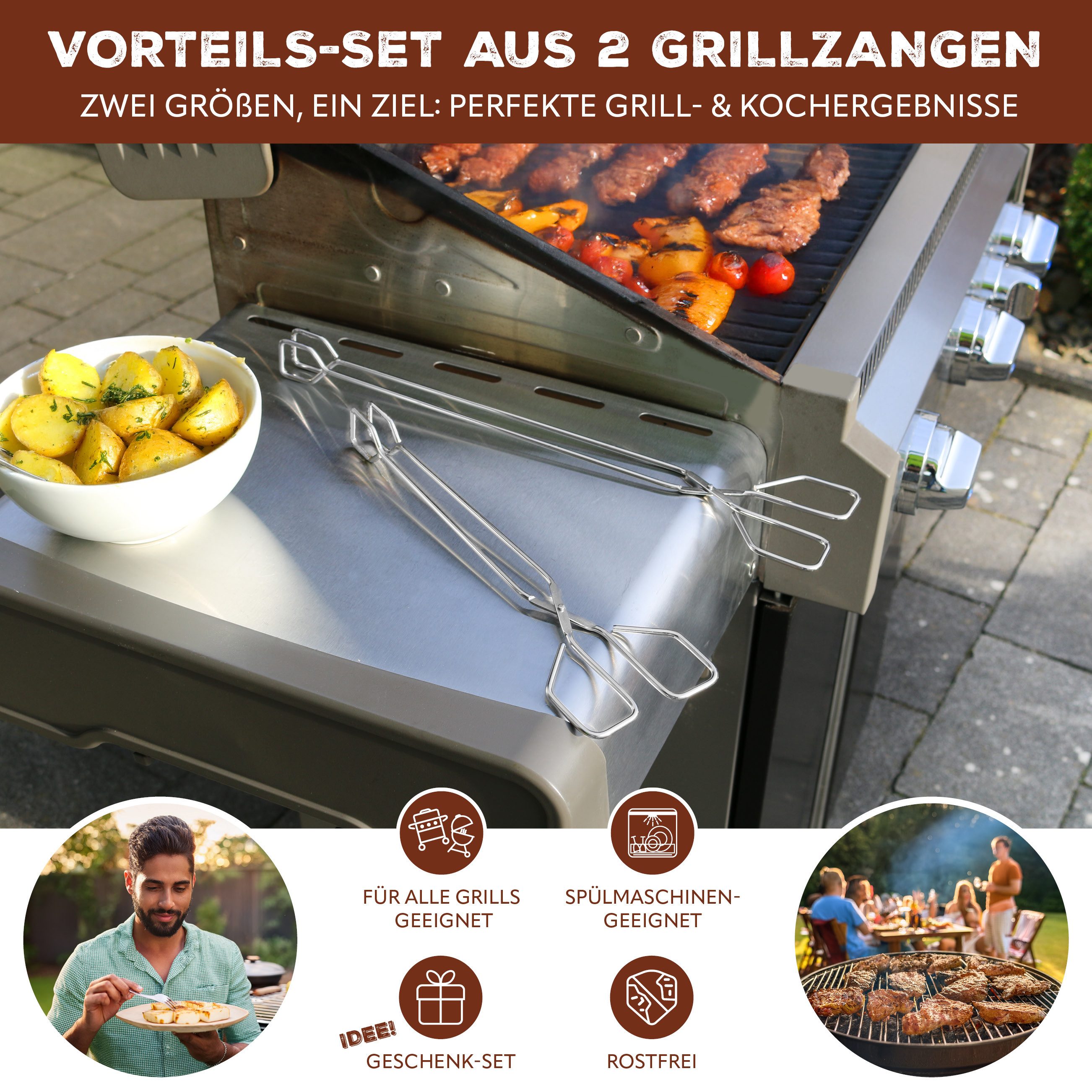 bremermann Grillzange Grillzange 2er Set aus Edelstahl // in 30 + 39,5 cm Länge, unterschiedliche Längen