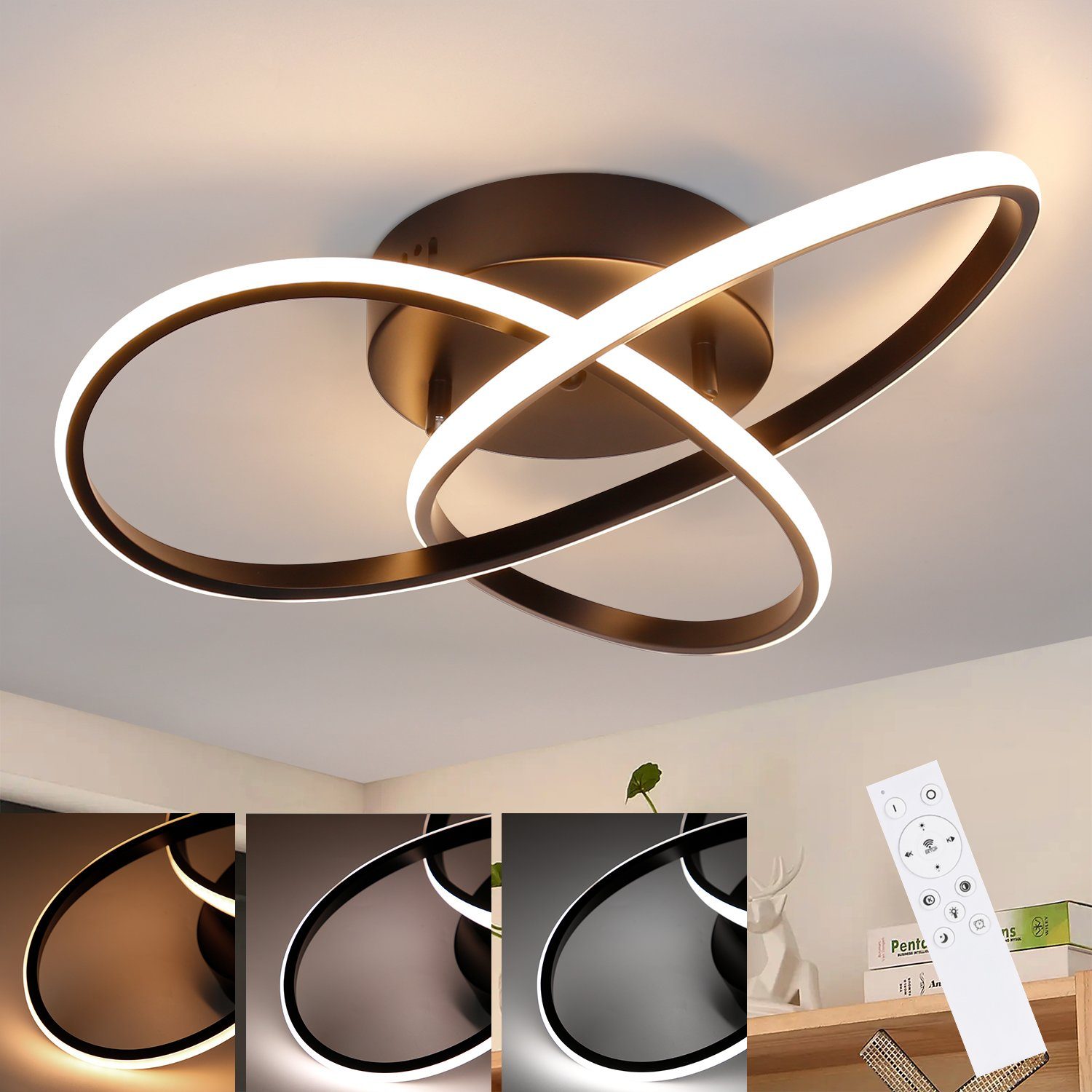 ZMH LED Deckenleuchte 3 Blatten Geometrie Design, dimmbar, LED fest integriert, Tageslichtweiß, ‎33 W, ‎40CM, schwarz | Deckenlampen