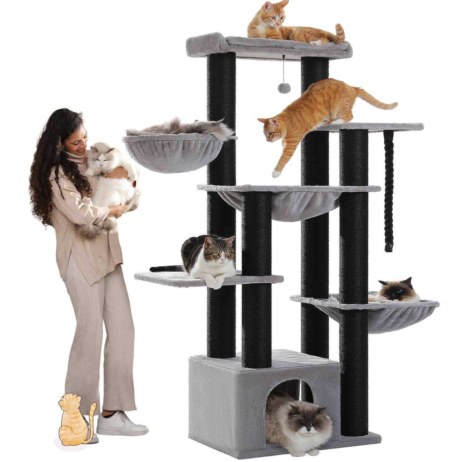 PAWZ Road Kratzbaum Kratzbaum Grosse Katzen stabil 13 Sisalpfosten(11cm), XXL 169 cm, Schwarz