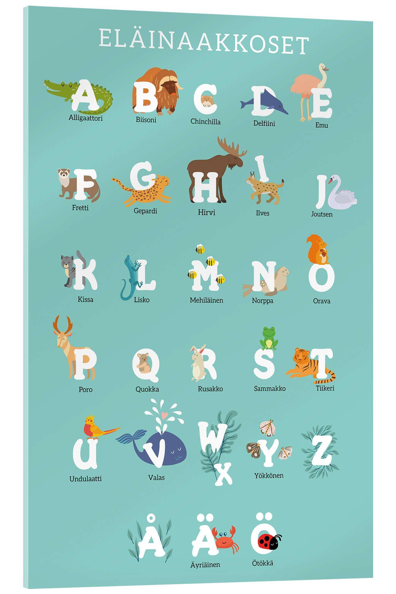 Posterlounge Wandbild Tieralphabet (finnisch), Kidz Collection, erhältlich als Poster, Leinwandbild, Wandsticker oder Acrylglasbild