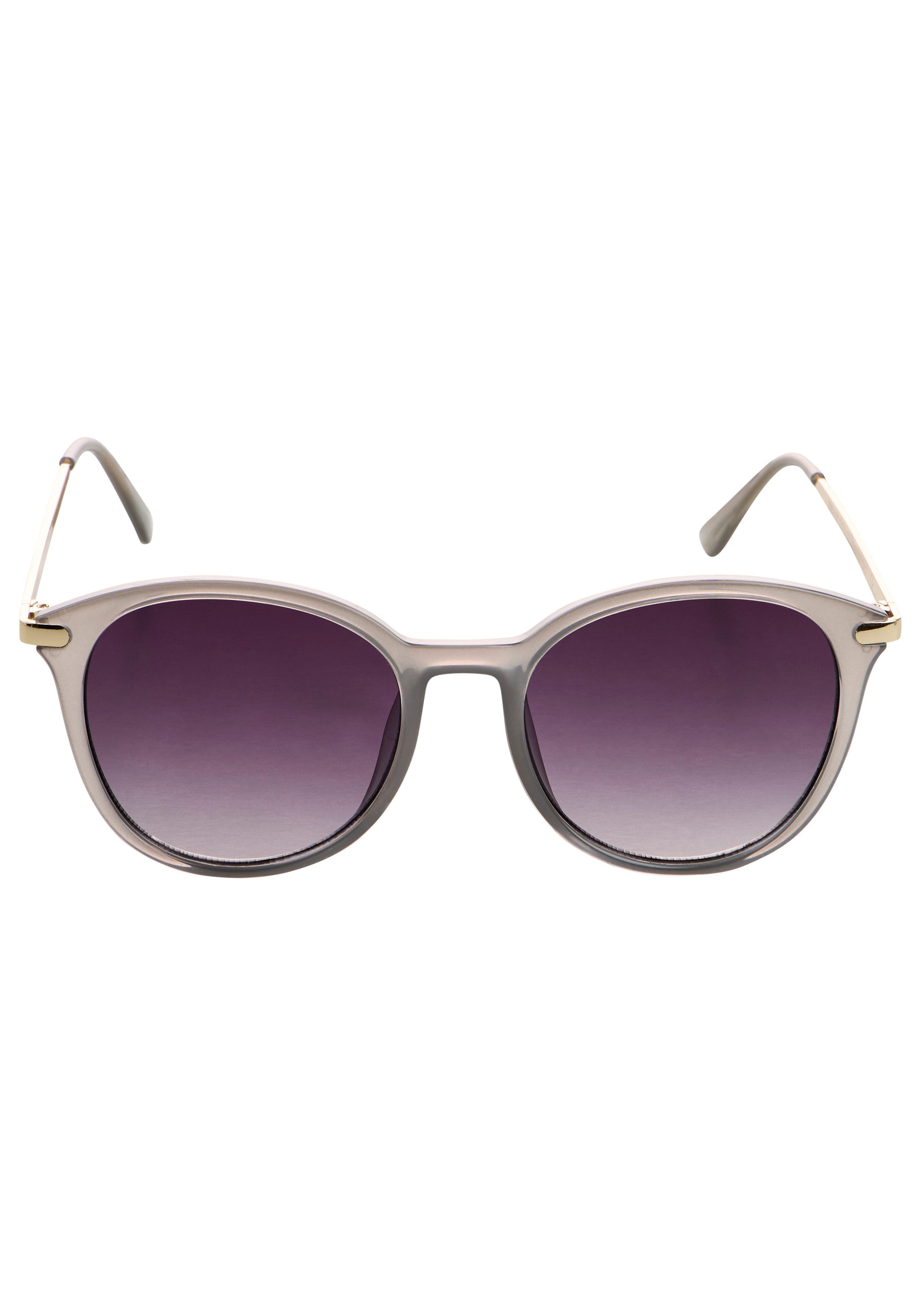 Laura Scott Sonnenbrille mit hellgoldfarben glänzenden Bügel rundes Design, transparente graue Fassung, graue Verlaufsgläser. € 24,99, (€ 24,99 pro 1 Stk).