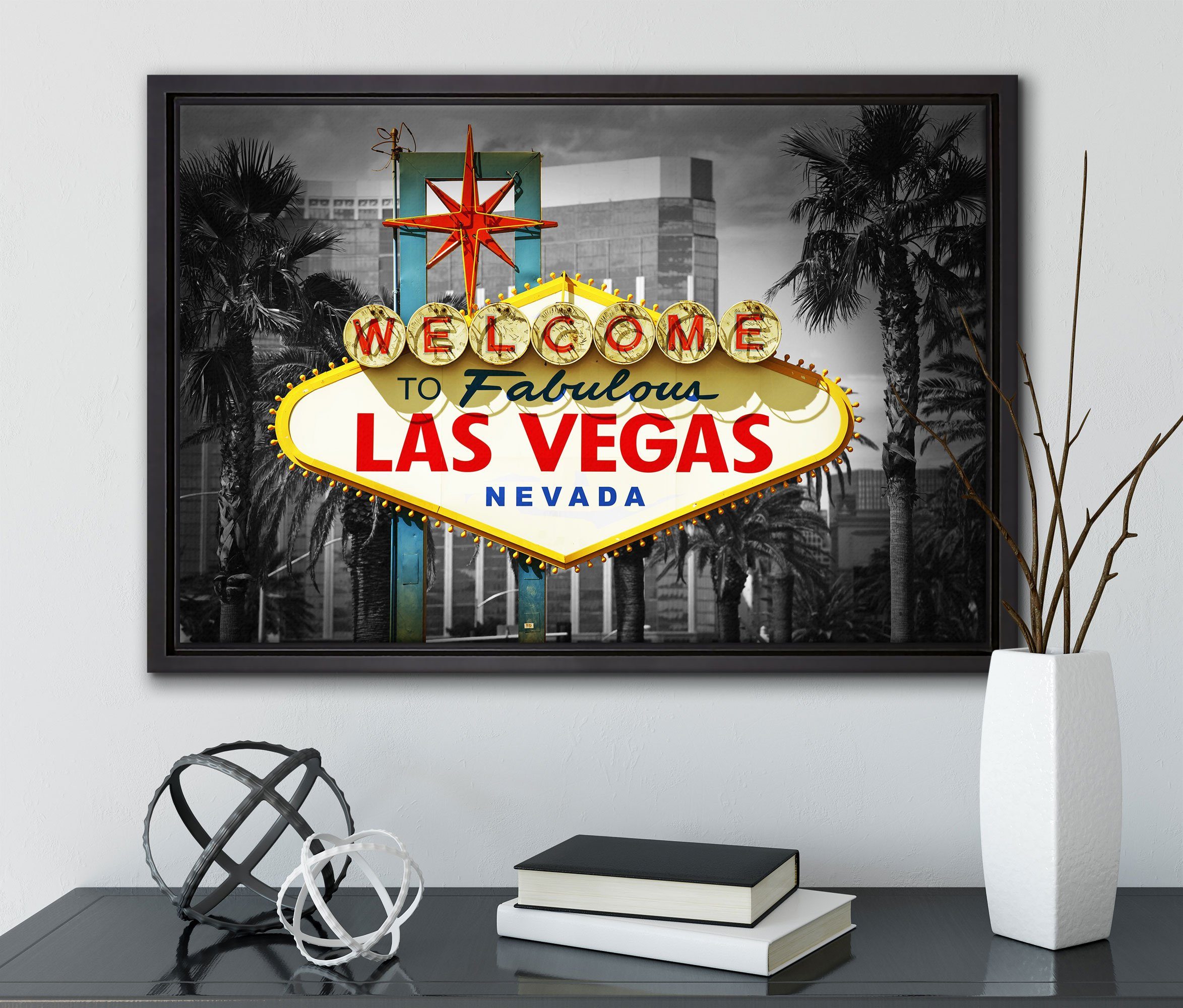 Vegas, (1 Zackenaufhänger Schattenfugen-Bilderrahmen gefasst, Wanddekoration fertig inkl. Pixxprint St), Ortseingangsschild bespannt, Leinwandbild in Leinwandbild einem Las