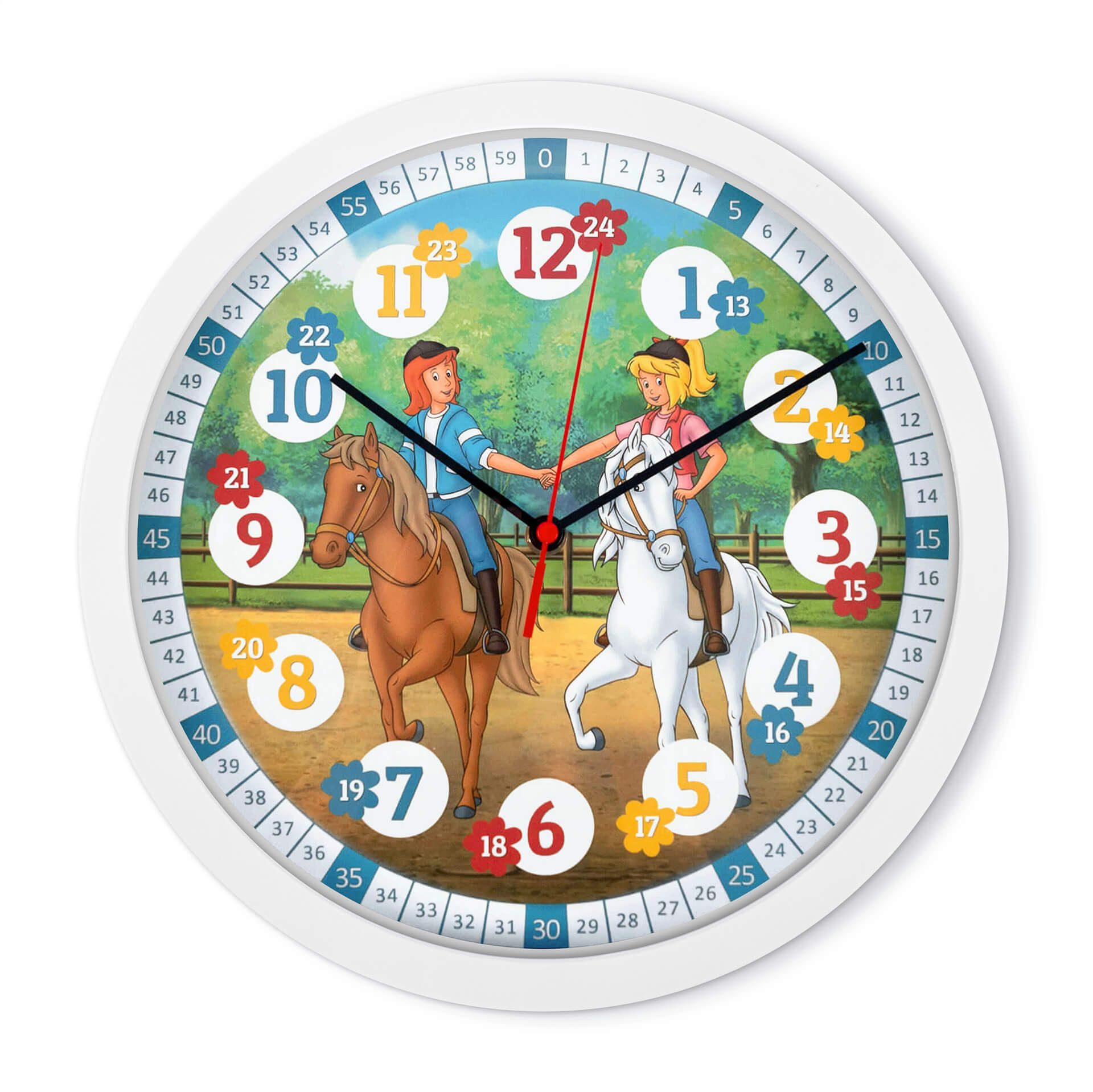 K&L Wall Art Wanduhr Bibi & Tina Wanduhr Kinder Lernuhr mit Lernzifferblatt (lautlose Kinderuhr mit Quarz Uhrwerk ohne Ticken)