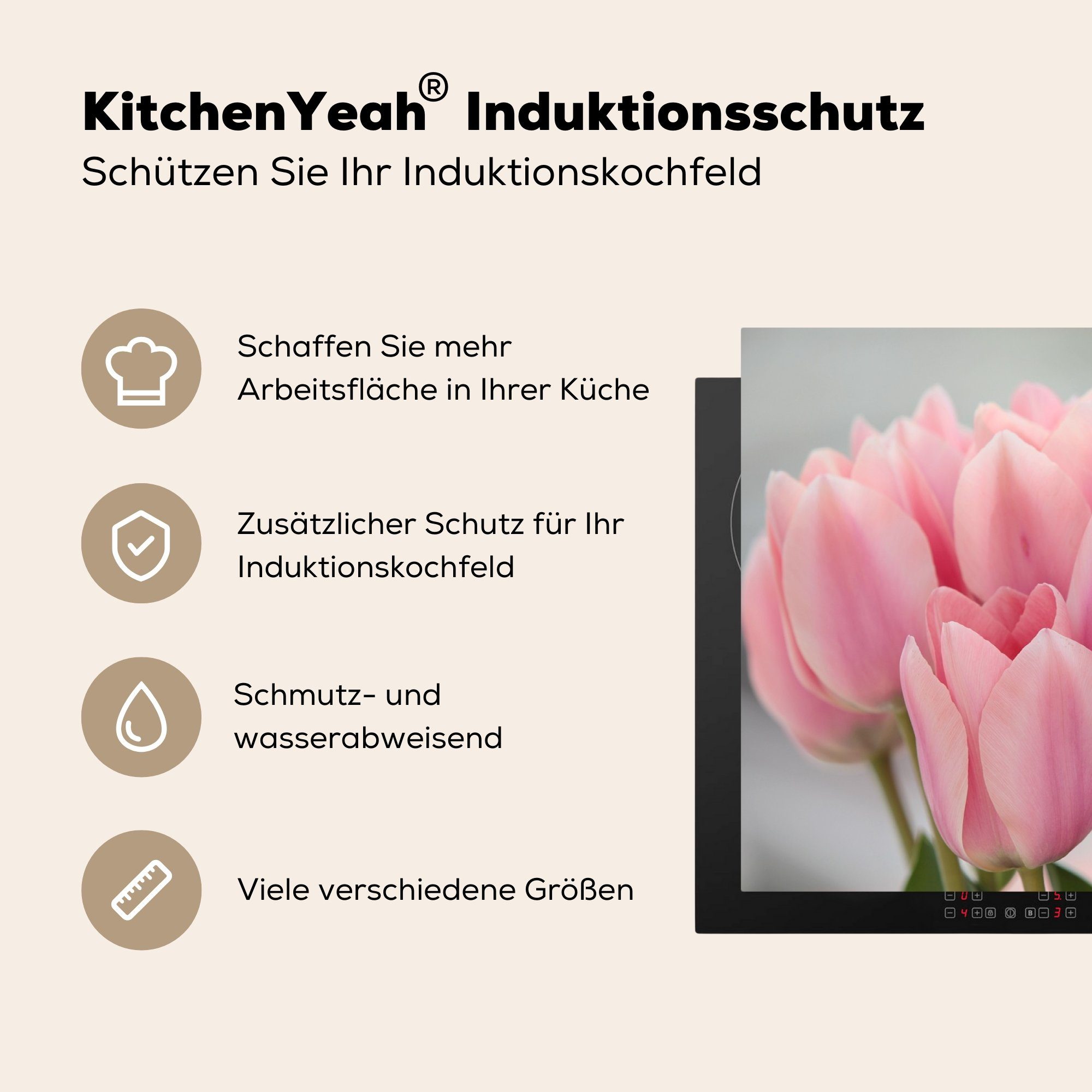 Herdblende-/Abdeckplatte der (1 Nahaufnahme rosa MuchoWow tlg), Blätter küche Tulpen, cm, der Arbeitsplatte Ceranfeldabdeckung, für Vinyl, 83x51