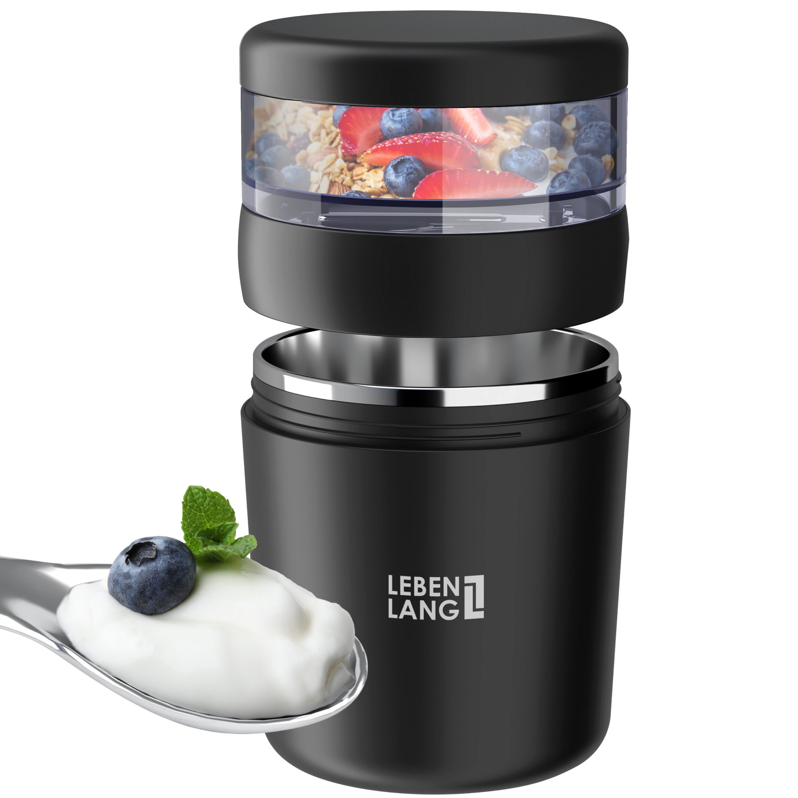 Lebenlang Aufbewahrungsbecher Müslibecher, Isolierende Edelstahlinnenwand, ToGo mit Löffel & 650ml, (500ml Becher, 150ml Aufsatz, Drehvershluss, faltbarer Löffel), Auslaufsicher & Perfekt für Schule, Kita, Büro oder Uni