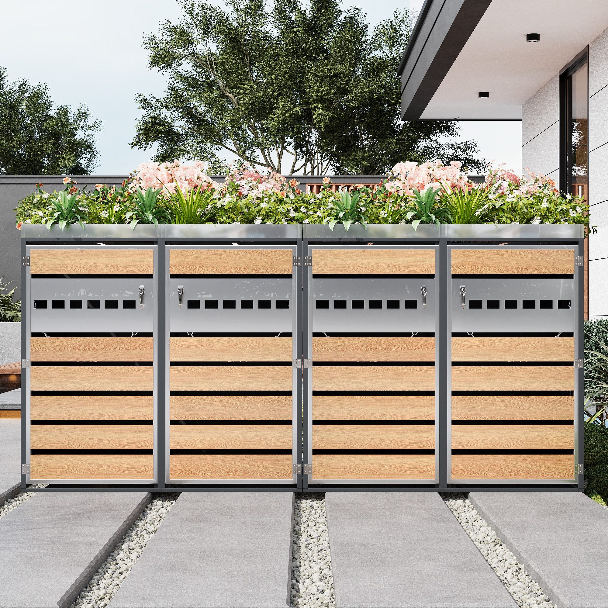 MODFU Mülltonnenbox Belüftungssystem, Staufächer inklusive, ohne Mülltonne (Set, 4 St., Ordnungssystem für Garten & Terrasse), Müllbox abschließbar mit vier Türen & Pflanzfläche