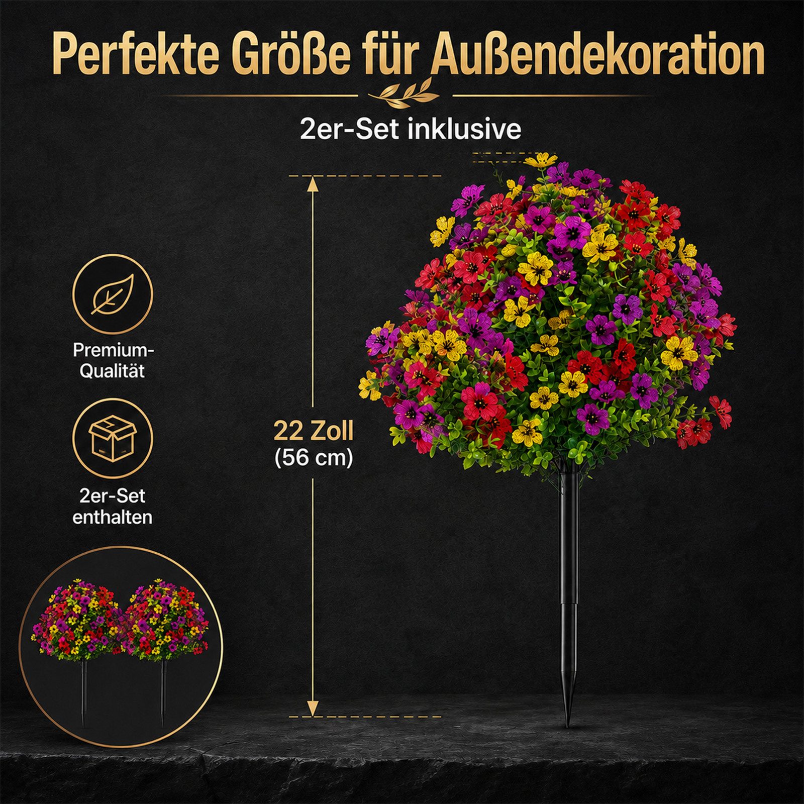 Kunstbaum 2 Stück Kunstpflanze, Künstliche Pflanzen, Kugelbäume mit Erdspieß, BlingBin, Höhe 56 cm, Wetterfest Kunstblumen Pflanzen für Draußen Balkon Garten Veranden