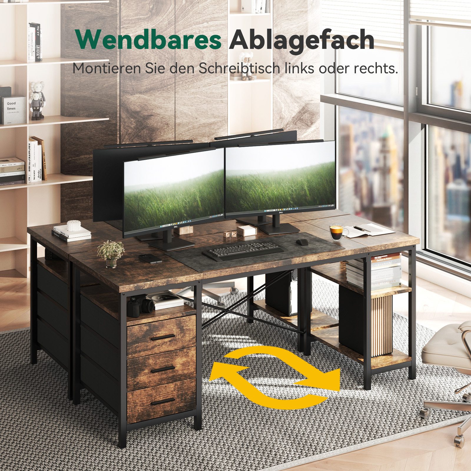Patbrela Schreibtisch 120/140/160x60x75cm Umkehrbarer PC Tisch, Bürotisch Moderner Stil, Schreibtisch mit 3 Schubladen und 3 Justierbaren Regalen