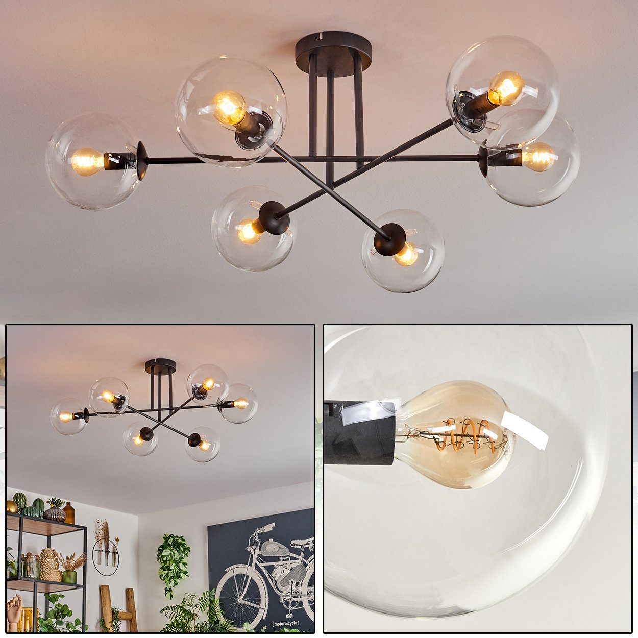 hofstein Deckenleuchte Deckenlampe aus Metall/Glas in Schwarz/Klar, ohne Leuchtmittel, moderne Leuchte mit Glasschirmen (15 cm), 6 x E14, ohne Leuchtmittel