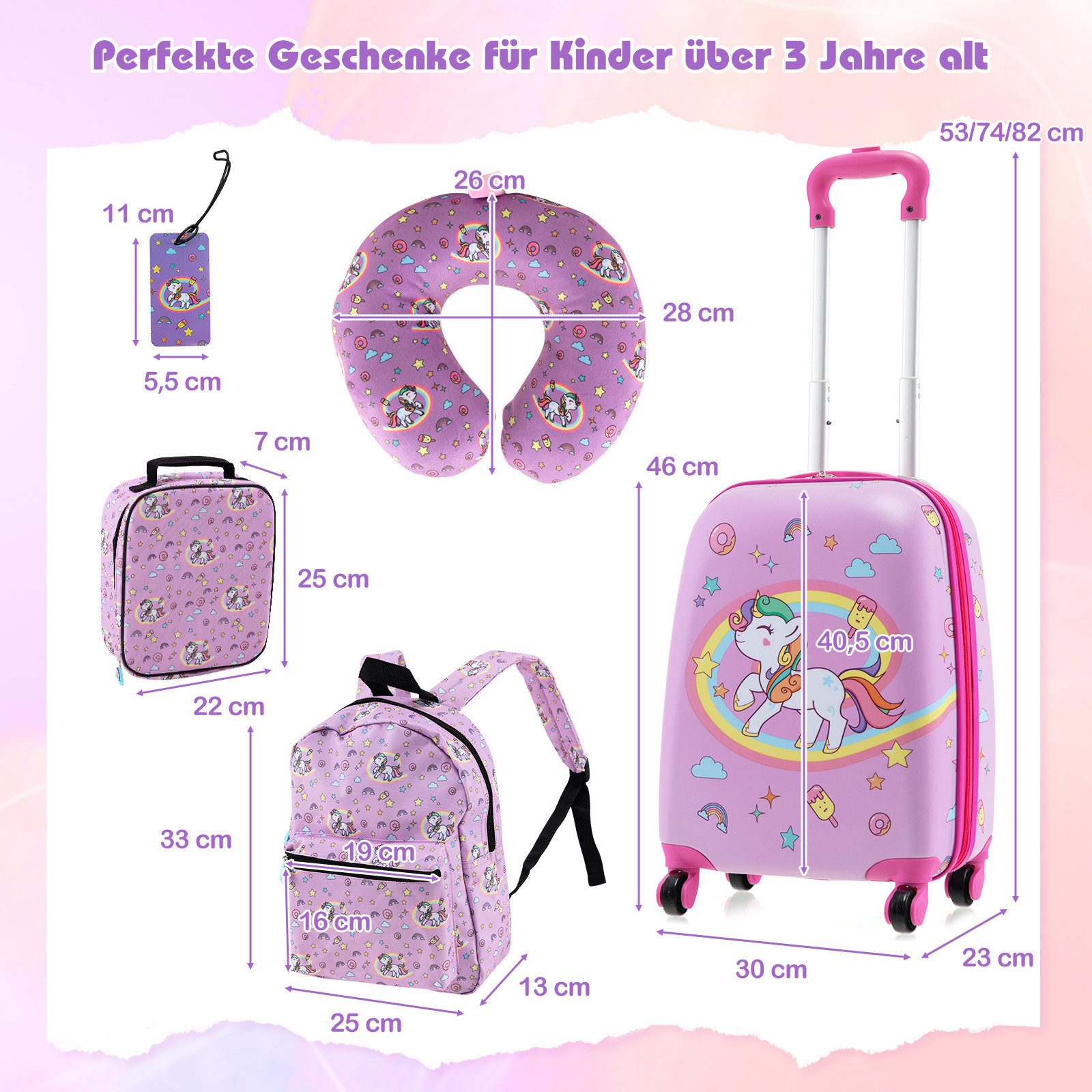 COSTWAY Kinderkoffer Set, 4 Rollen, 5 teiliges Trolley mit Handgepäck, Kissen