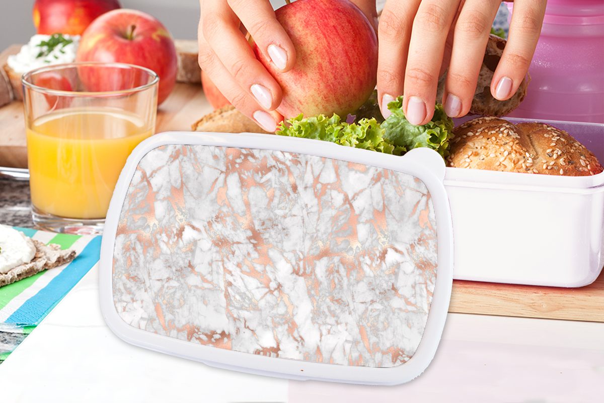 MuchoWow Lunchbox Marmor - Roségold für Kinder und - (2-tlg), Brotdose, Erwachsene, Mädchen Muster, Brotbox - und weiß Luxus für Jungs Kunststoff