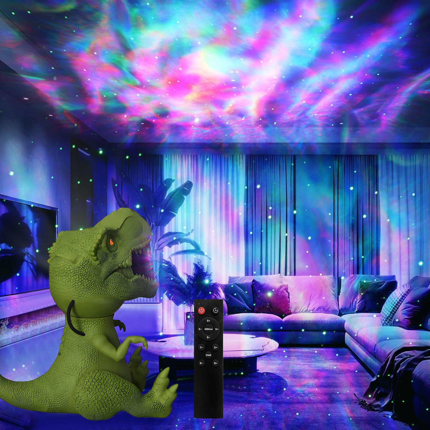 Rosnek Projektionslampe Sternenhimmel Projektor Dimmbar, Dinosaurier Nachlicht Nebel-Stern, Geschwindigkeit Einstellbar 360°Drehbar Timer Deko Stimmungslicht Grün