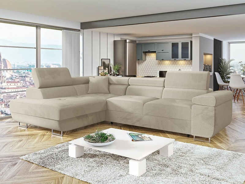 MIRJAN24 Ecksofa Torezio, mit Bettkasten und Schlaffunktion, Einstellbare Kopfstützen, 274x203x70-90 cm