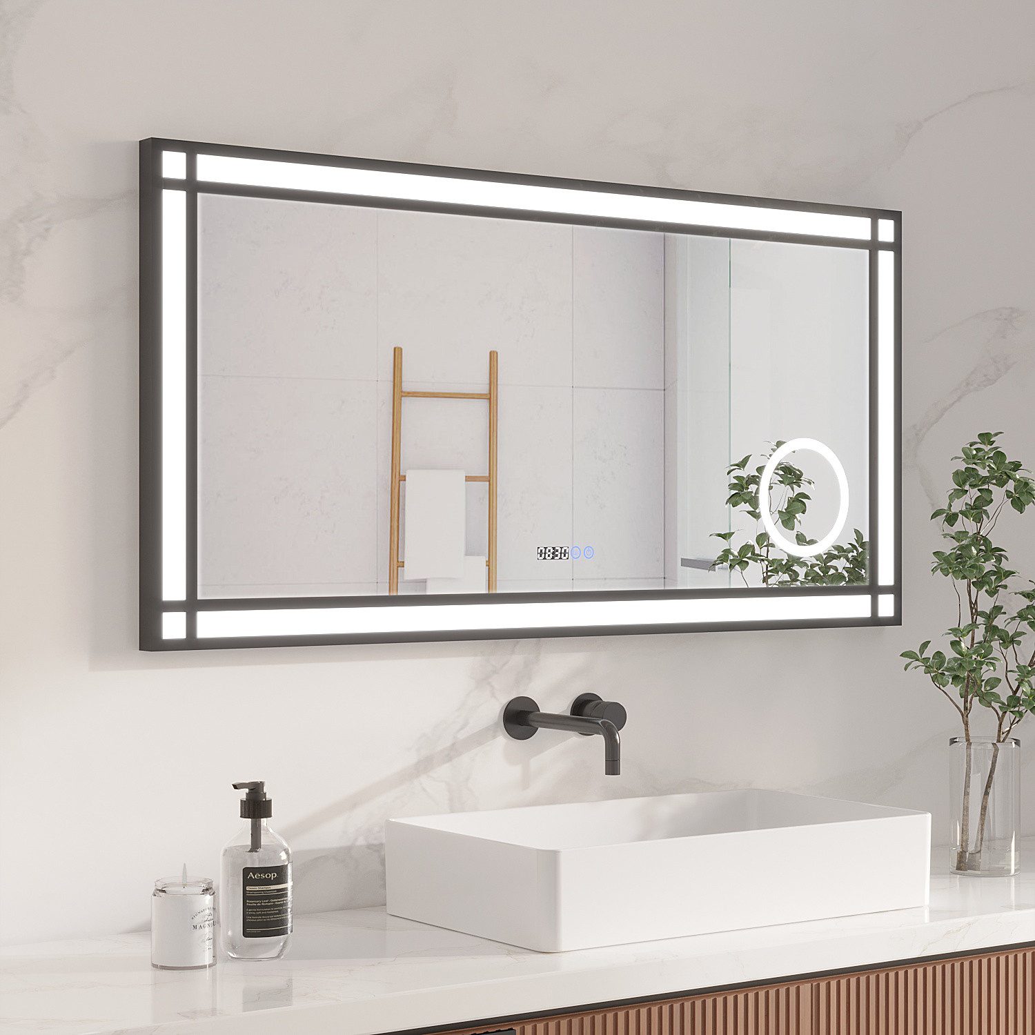 AQUALAVOS LED-Lichtspiegel LED Badspiegel mit Beleuchtung Vergrößerung 6400K Dimmbar für Make-up, Modernes Design Anti-Beschlag kaltweiß Touch-Dimmer IP44 Wandspiegel