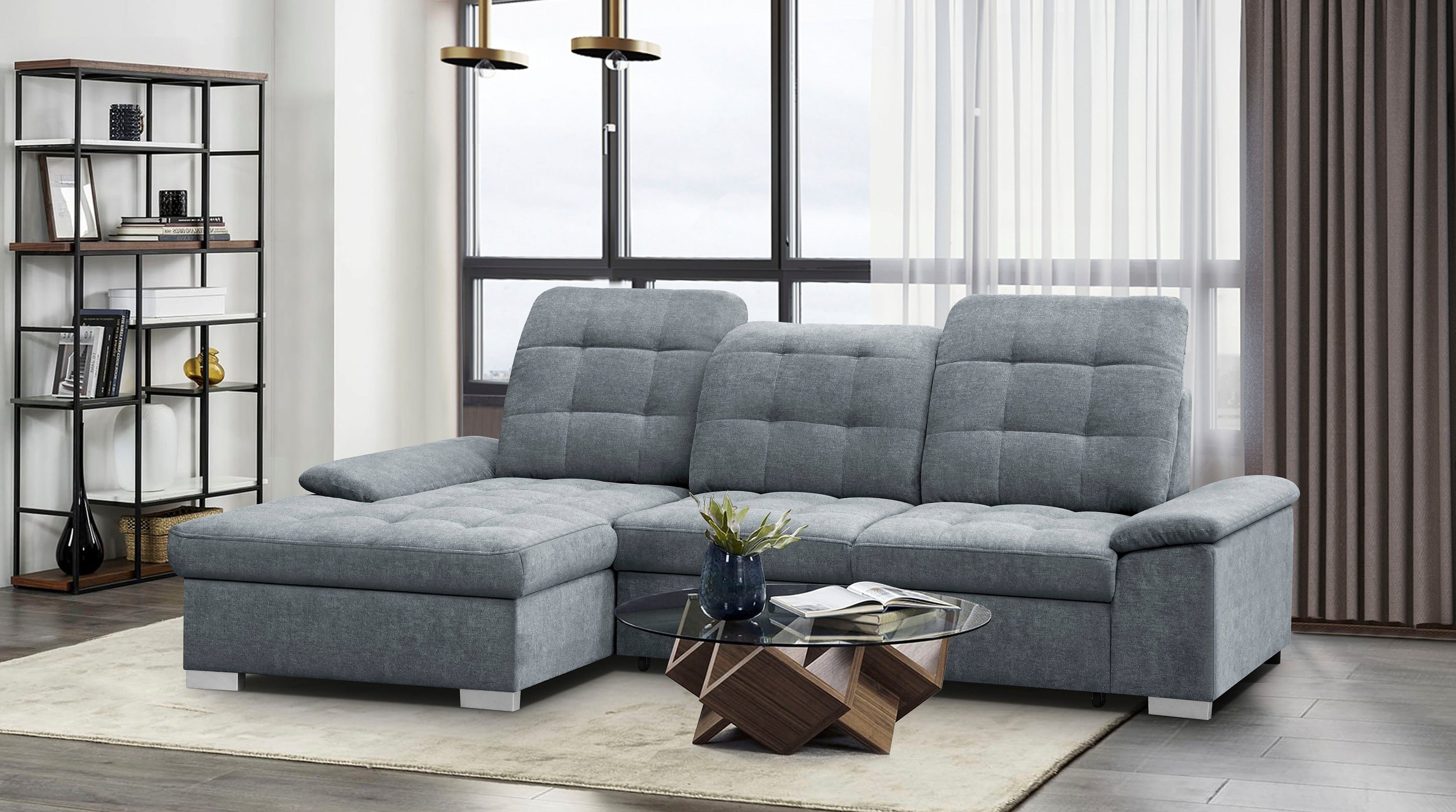 WERK2 Ecksofa Carmen, mit Bettksten, Sitz- & Rückenheftung, Breite 261 cm, L-Form, mit Sitztiefenverstellung, Struktur weich, grau