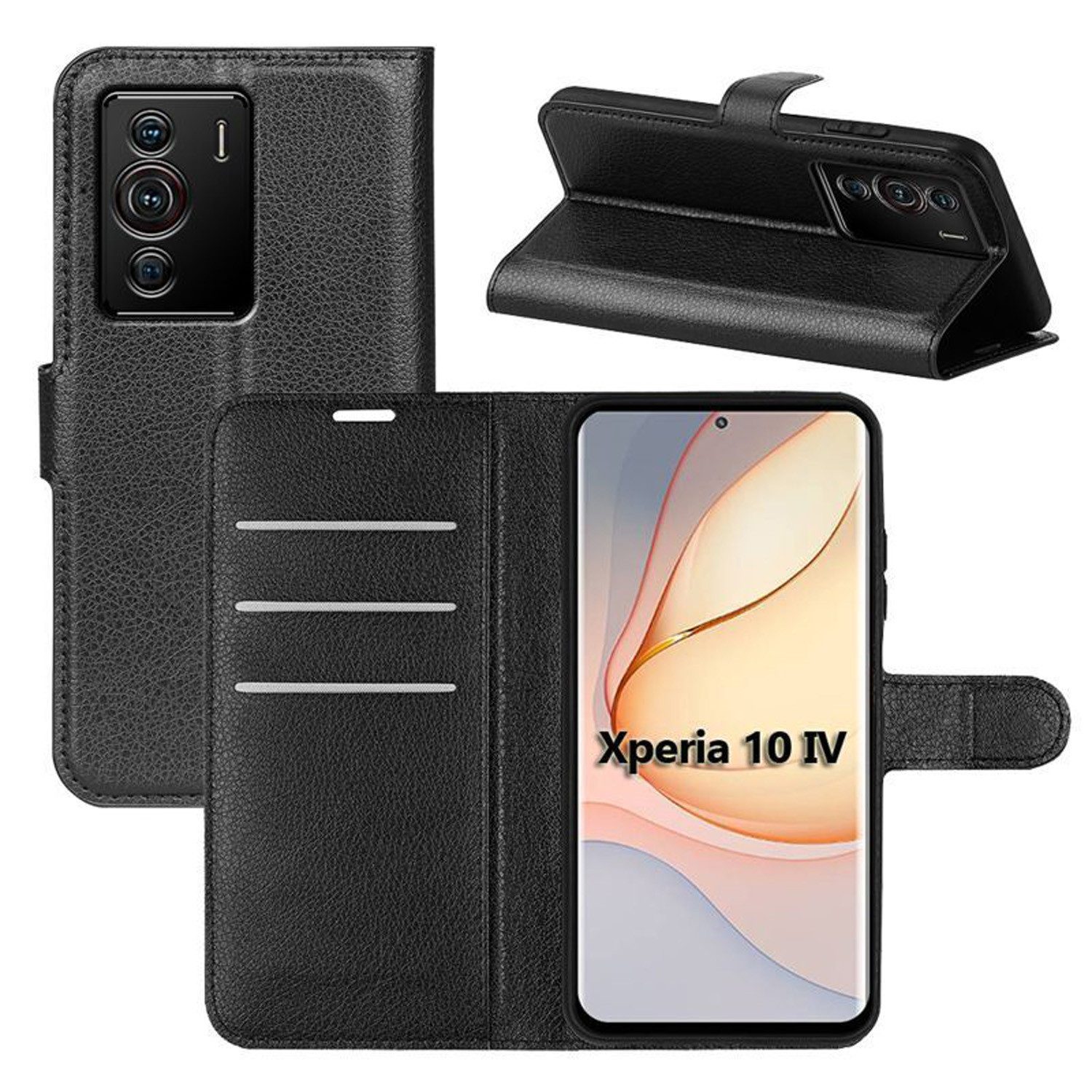 betterfon Handyhülle Handytasche für Sony Xperia 10 IV Klapphülle Schwarz, 3 Kartenfächer, Magnetverschluss & Standfunktion im Lederlook