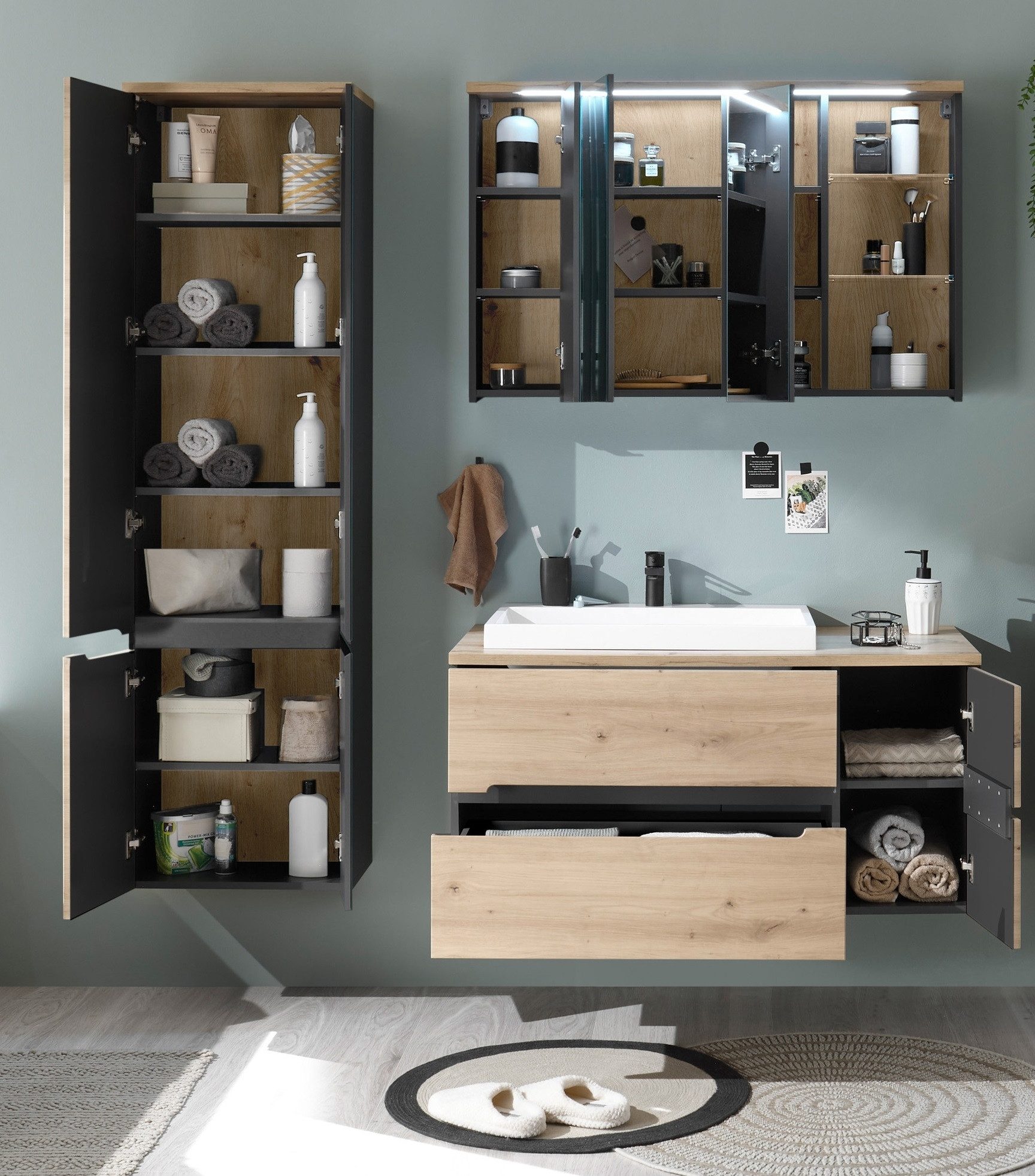 PREISBRECHER Badezimmer-Set Memphis, (Hängeschrank), (3-tlg) Grau / Artisan Eiche Dekor - 180x176x53 (BxHxT)