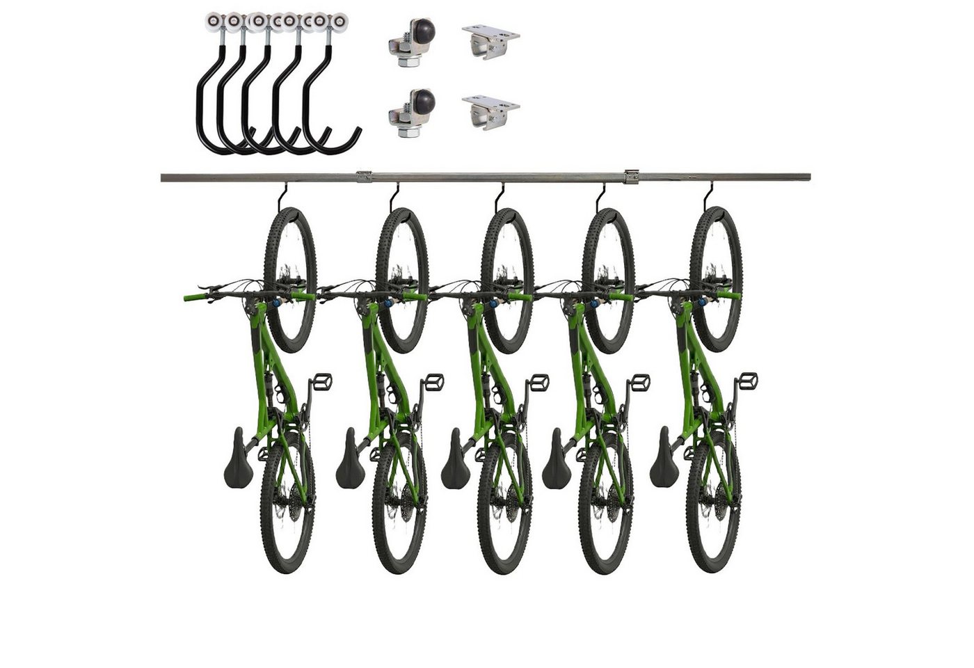 ATTAS Fahrradhalter Aufhängung Schiene, 5 Laufwagen mit Fahrradhaken, Verzinkter Stahl (Set, 1-2M Länge), Fahrradaufhängung