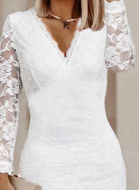 RUZU UG Wickelkleid V-Ausschnitt Herbstkleid mit Spitzenkleid und weißem Hüftrock