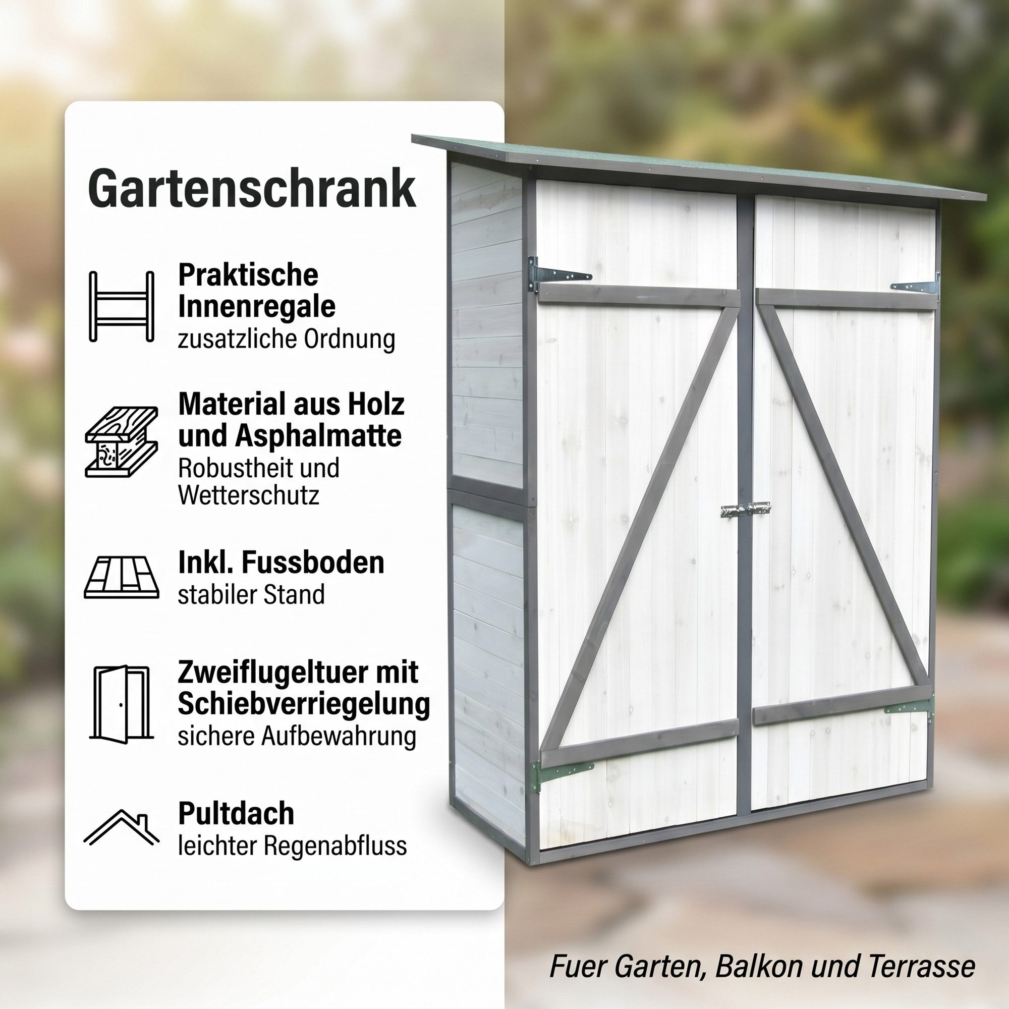 Mucola Gartenhaus Geräteschuppen Geräteschrank mit 2 Türen Gerätehaus Holz Gartenschrank, BxT: 140x75,00 cm, (Stück, mit Asphaltmatte, Dach und Doppelflügeltüren & Schloss), Fußboden und Zweiflügeltür mit Schiebeverriegelung