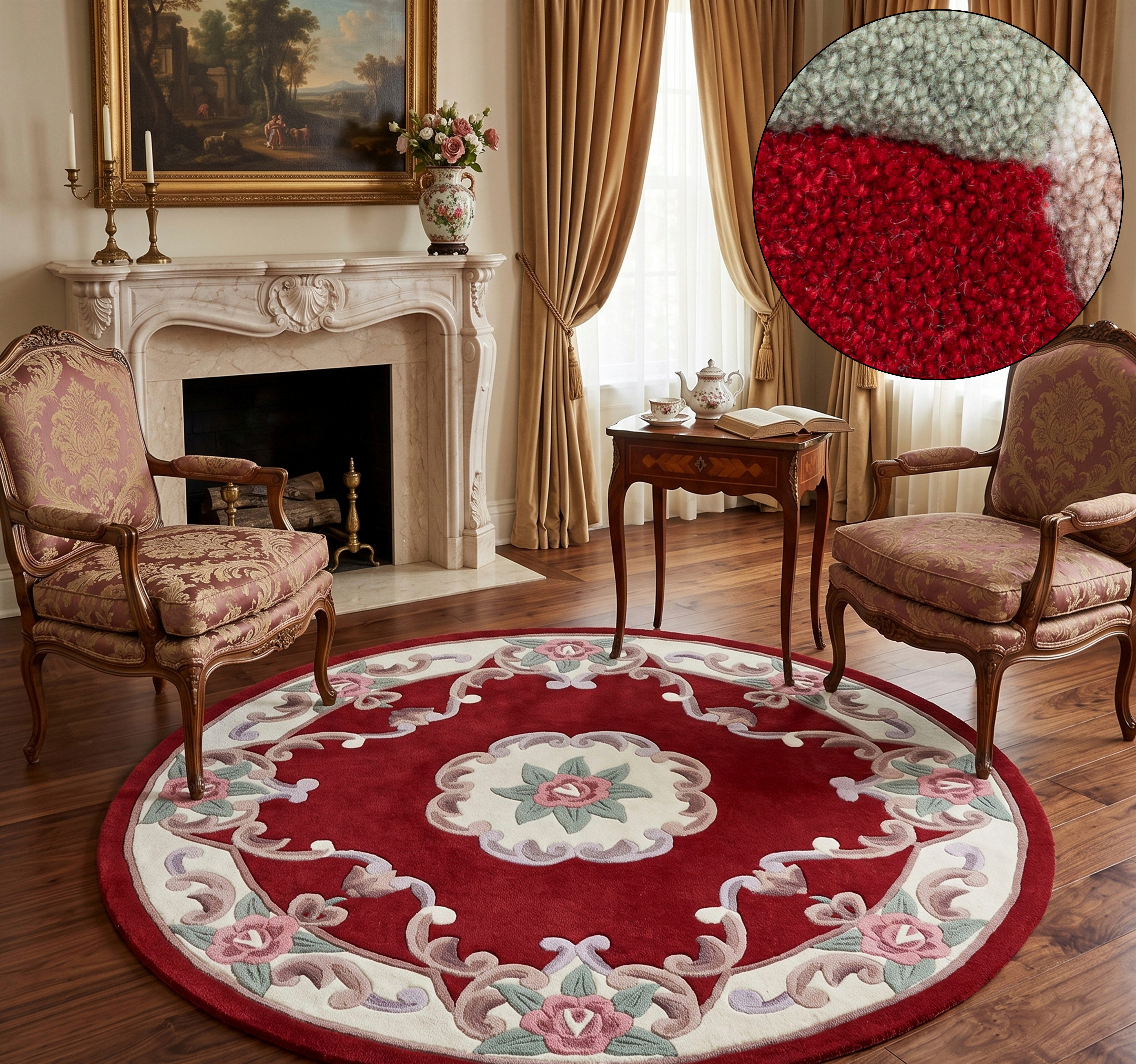 THEKO Teppich Ming, handgetuftet, rund, Höhe: 14 mm, Pastell-Farben, florales Design, auch in oval & rund, Wohnzimmer
