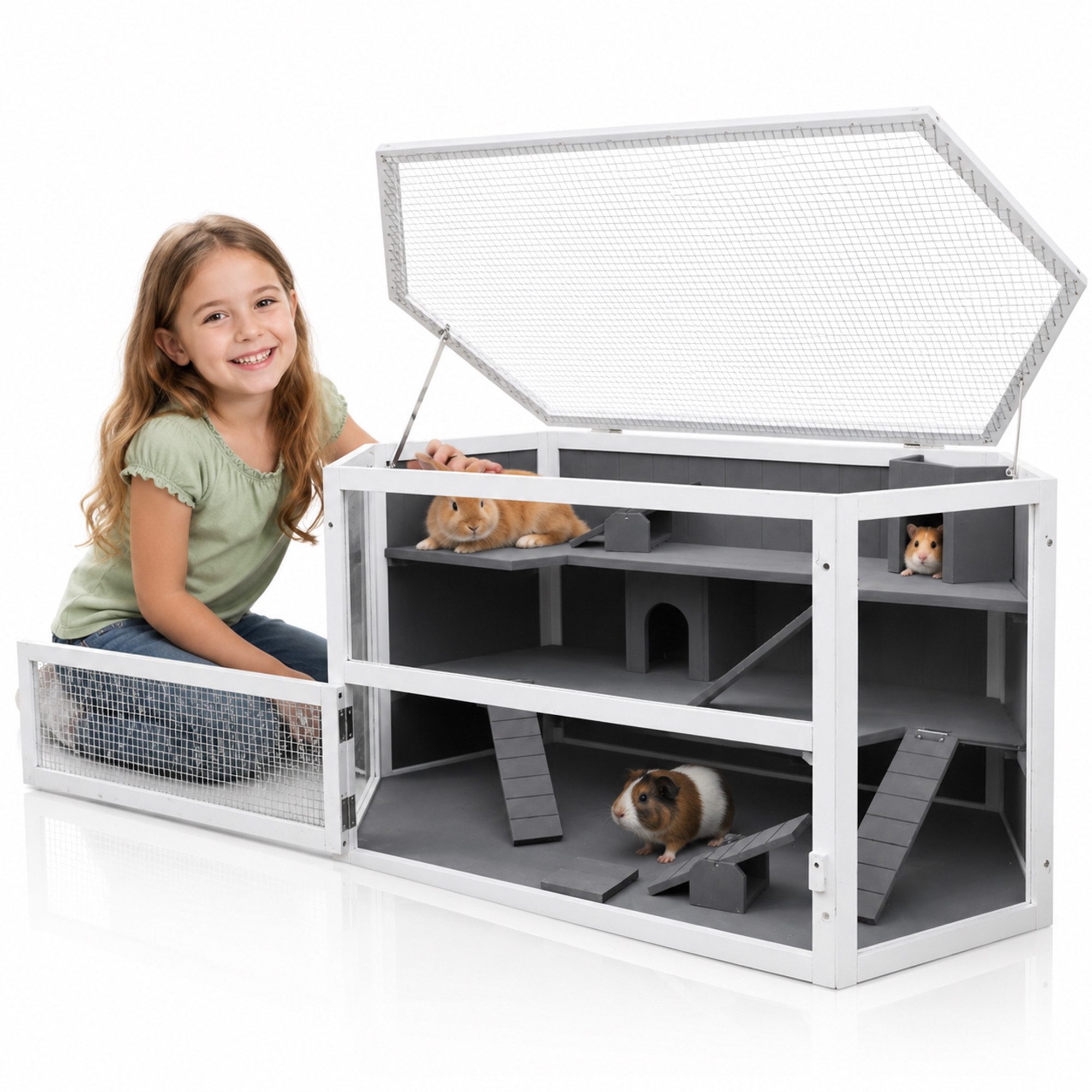 Mucola Kleintierkäfig Kleintierstall aus Holz mit 3 Ebenen & Plexiglasfront für Hamster, inkl. 2 Häuschen, 3 Treppen und 2 Wippen