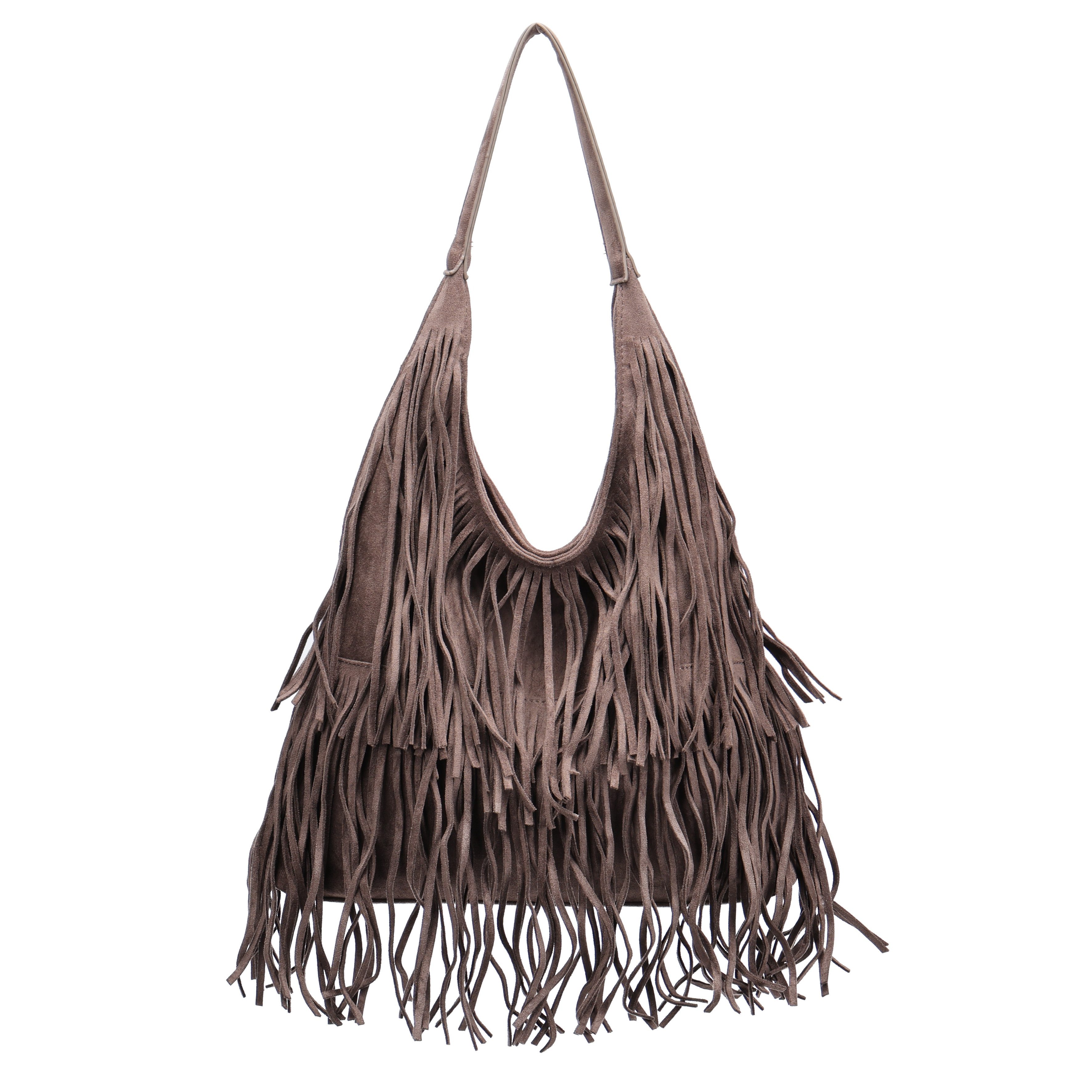 MIRROSI Shopper Damen Fransen Schultertasche Wildleder-Optik aus Polyester (Boho Hobo Bag mit Reißverschluss & Innenfach, ca. 39 x 12 x 33 cm), Neue Kollektion Herbst/Winter 2026