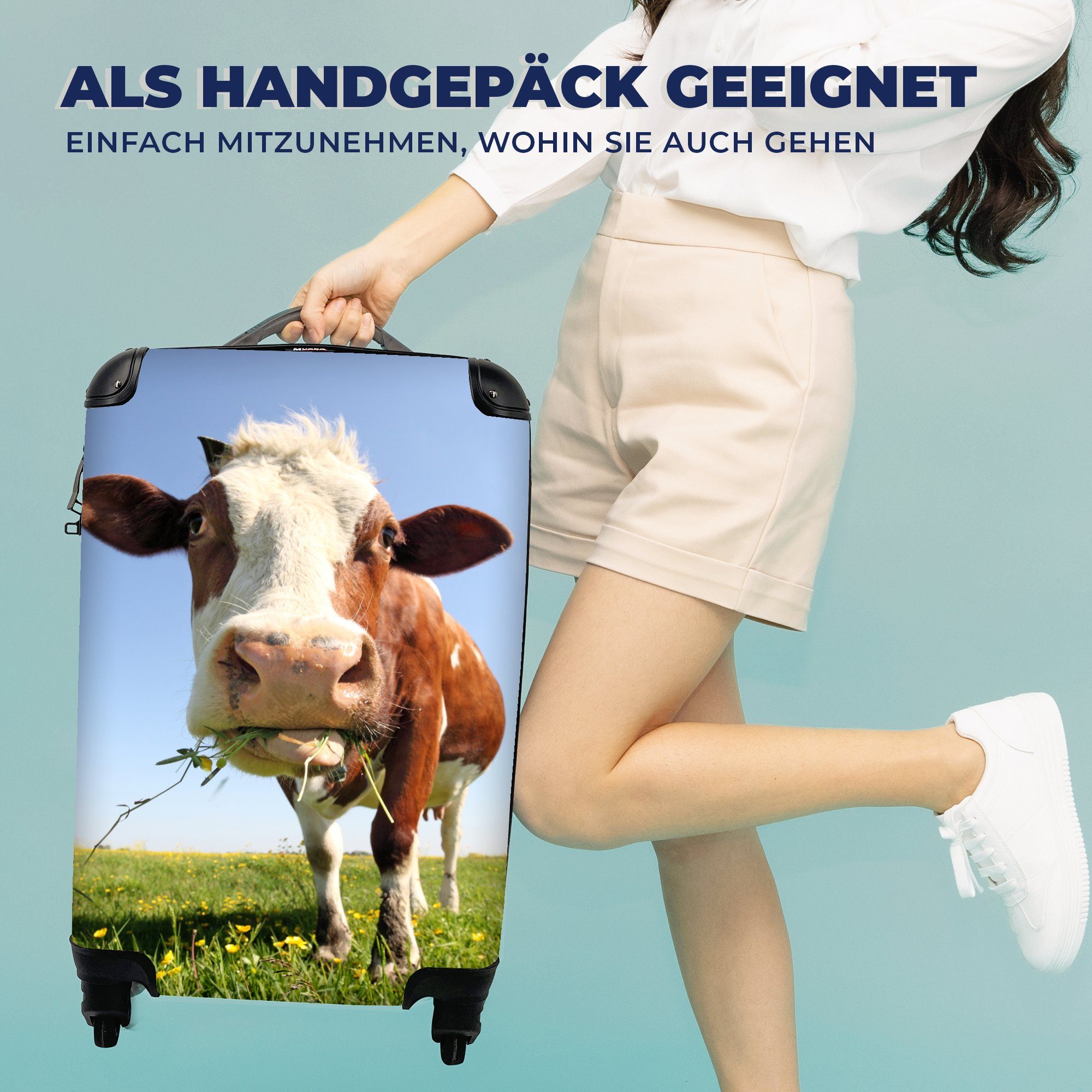 MuchoWow Handgepäckkoffer Kuh Trolley, - - Handgepäck für mit Reisetasche Gras, 4 - rollen, Tiere Reisekoffer Rollen, Ferien, Blumen