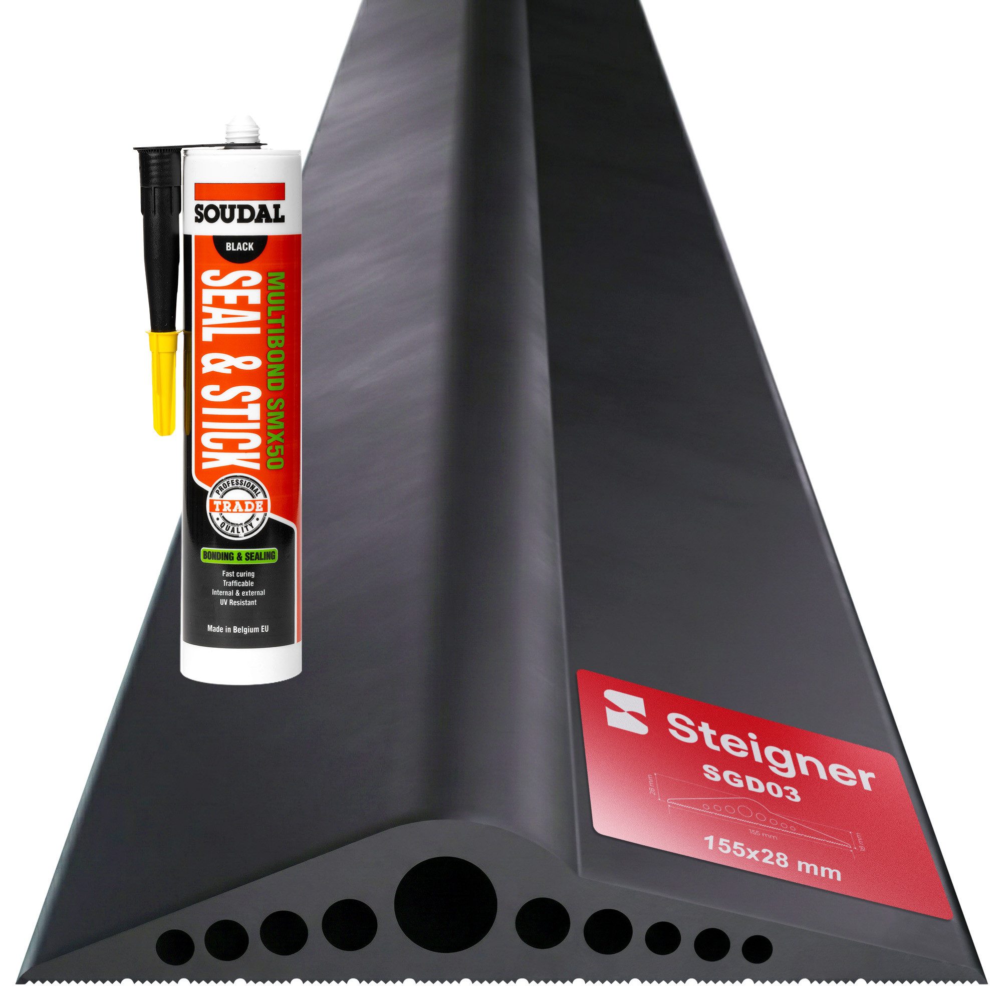 STEIGNER Dichtungsband Garagentor Bodenabdichtung 1m aus EPDM 155mm x 28mm SGD03, Schwellendichtungsset mit 1x Montagekleber, Türdichtung