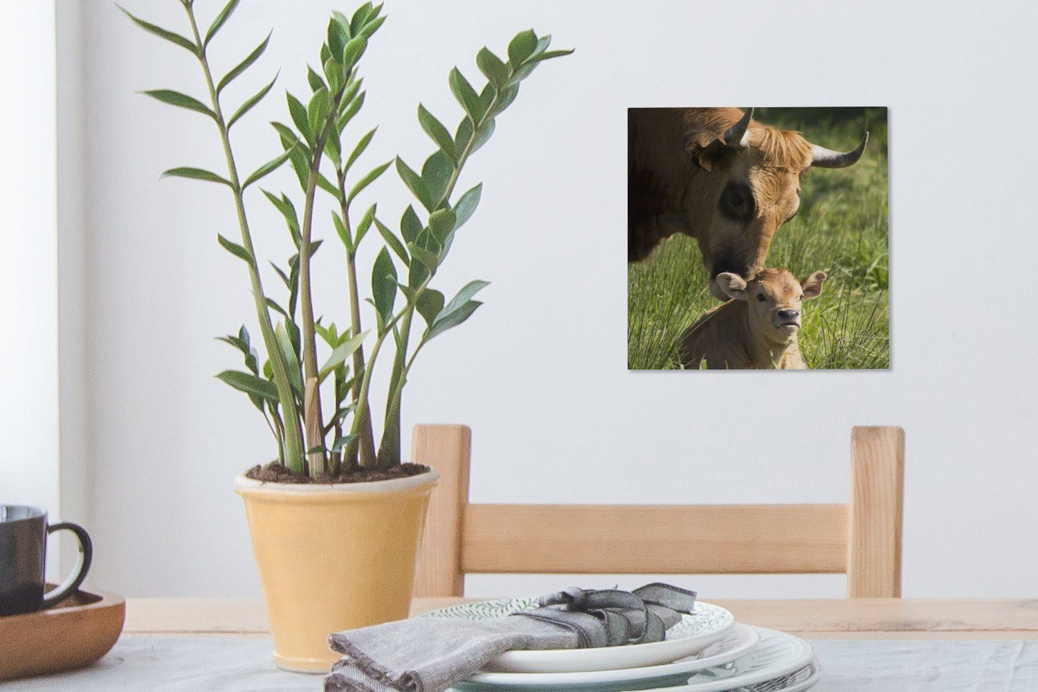 Leinwandbild Wohnzimmer Horn - Kuh Gras Kalb, (1 Bilder - St), OneMillionCanvasses® Leinwand für Schlafzimmer -