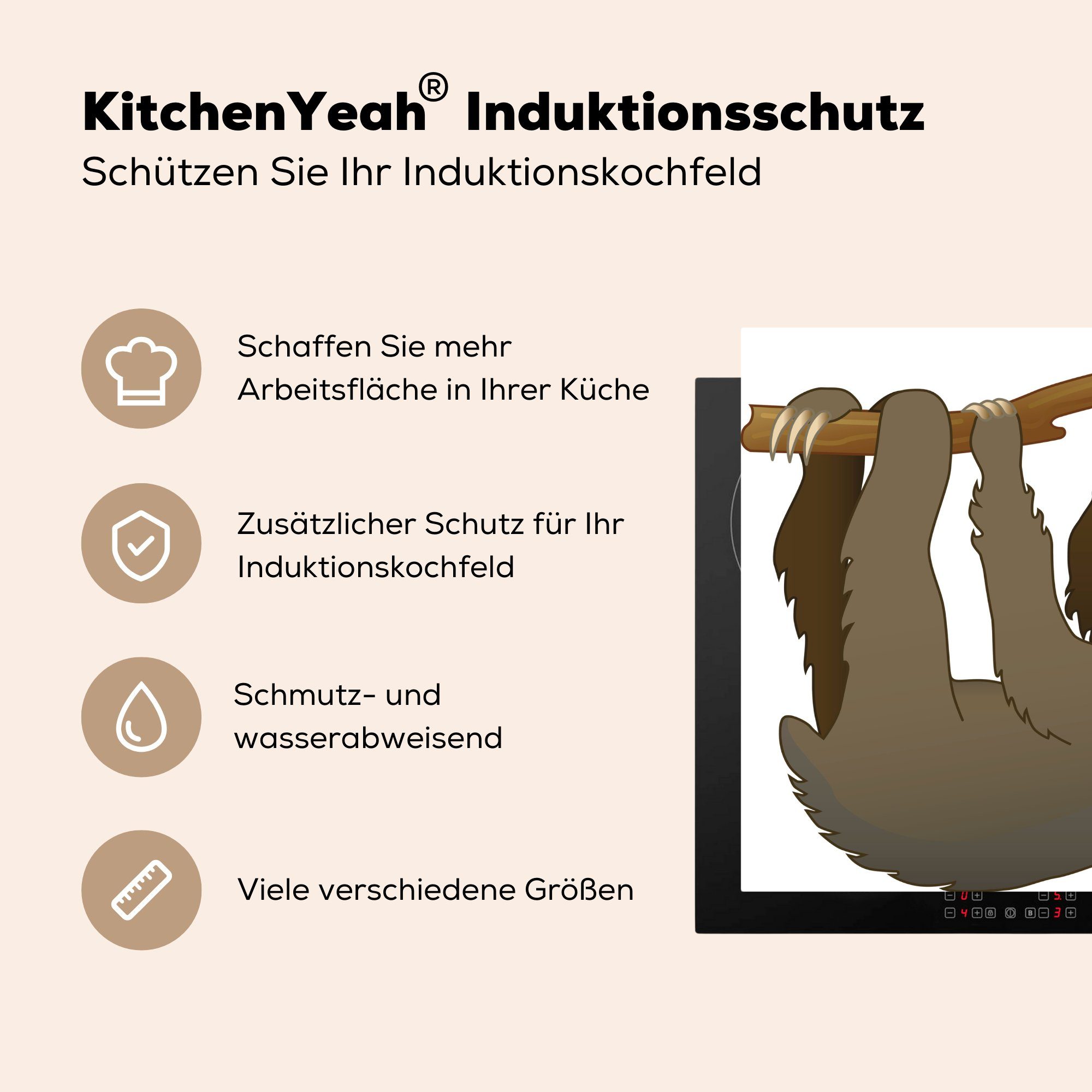 Vinyl, Faultiers einem Ceranfeldabdeckung eines cm, Eine 57x51 Illustration braunen MuchoWow Induktionsschutz, Ast, (1 Induktionskochfeld, tlg), auf Herdblende-/Abdeckplatte