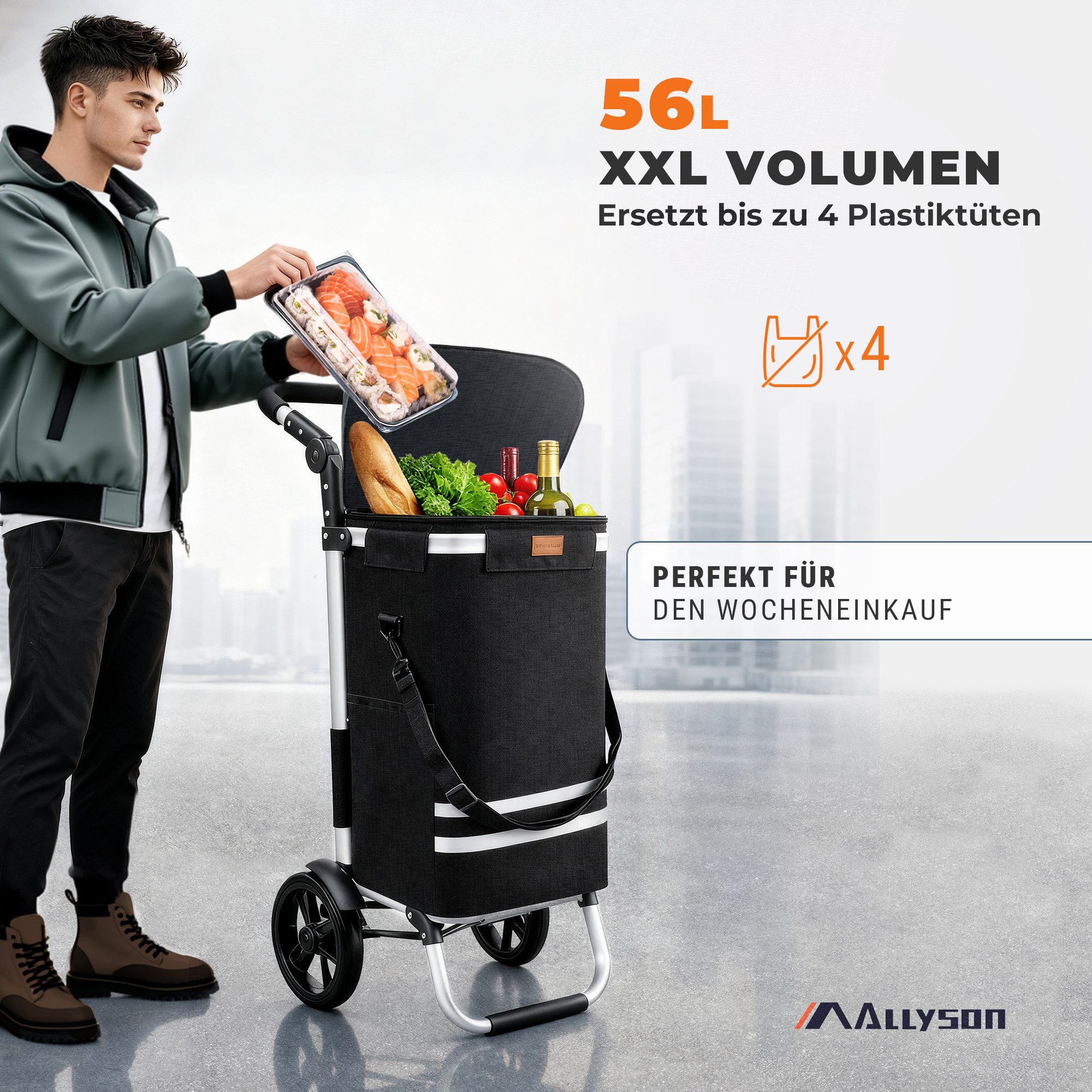 Allyson Einkaufstrolley Einkaufswagen klappbar, Einkauftrolley mit 56L Kapazität & Kühlfach, 2-in-1 Funktion: Tasche abnehmbar, Gestell als Sackkarre nutzbar.