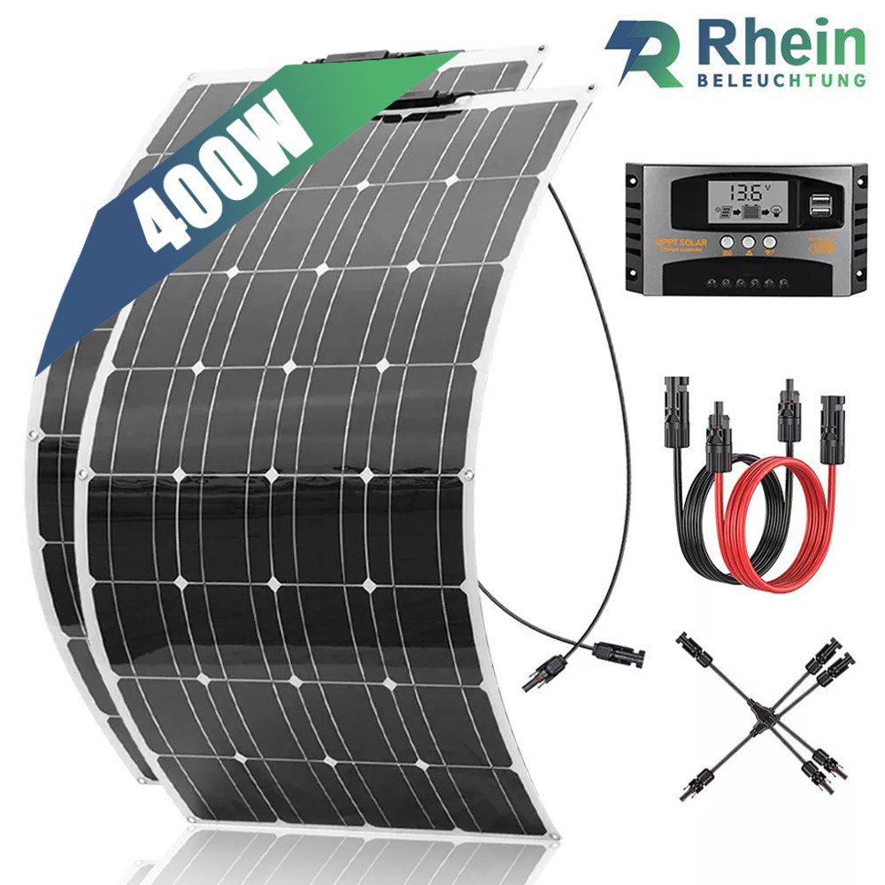 Rhein Beleuchtung Solarmodul 400W Balkonkraftwerk Solarmodul Set – Flexible Solarmodule 12V, 400 W, Monokristallin, (Leicht, biegsam & wetterfest – ideal für Dach, Boot & Camping), 2×200W PV-Module mit 40A Regler, Y-Stecker & Kabel – Plug & Play