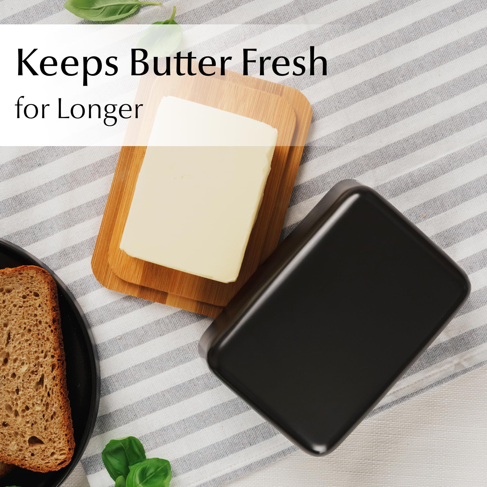MiaMio Butterdose Butterdose Keramik mit Bambusdeckel Schwarz, Keramik, Bambusdeckel als Schneidebrett