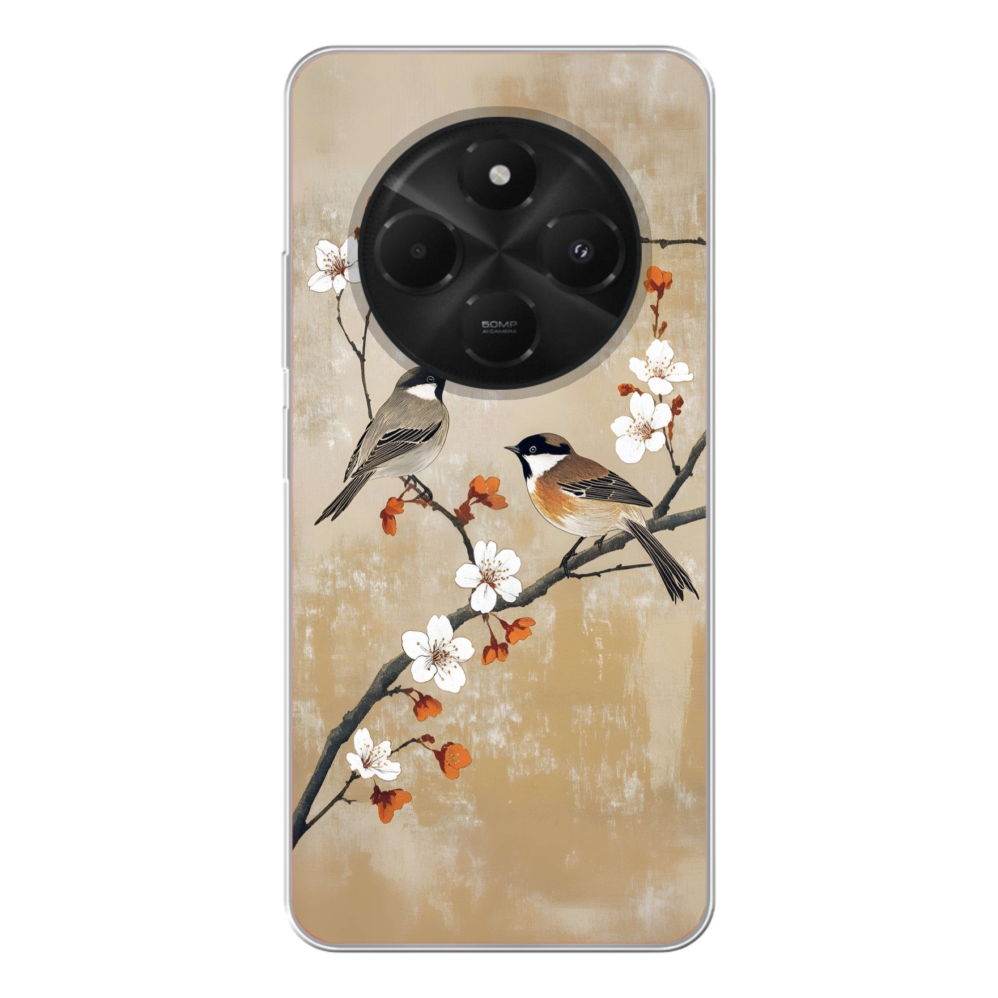 Handyhülle für Xiaomi Poco C75 Vögel - Blütenzweig - Orange