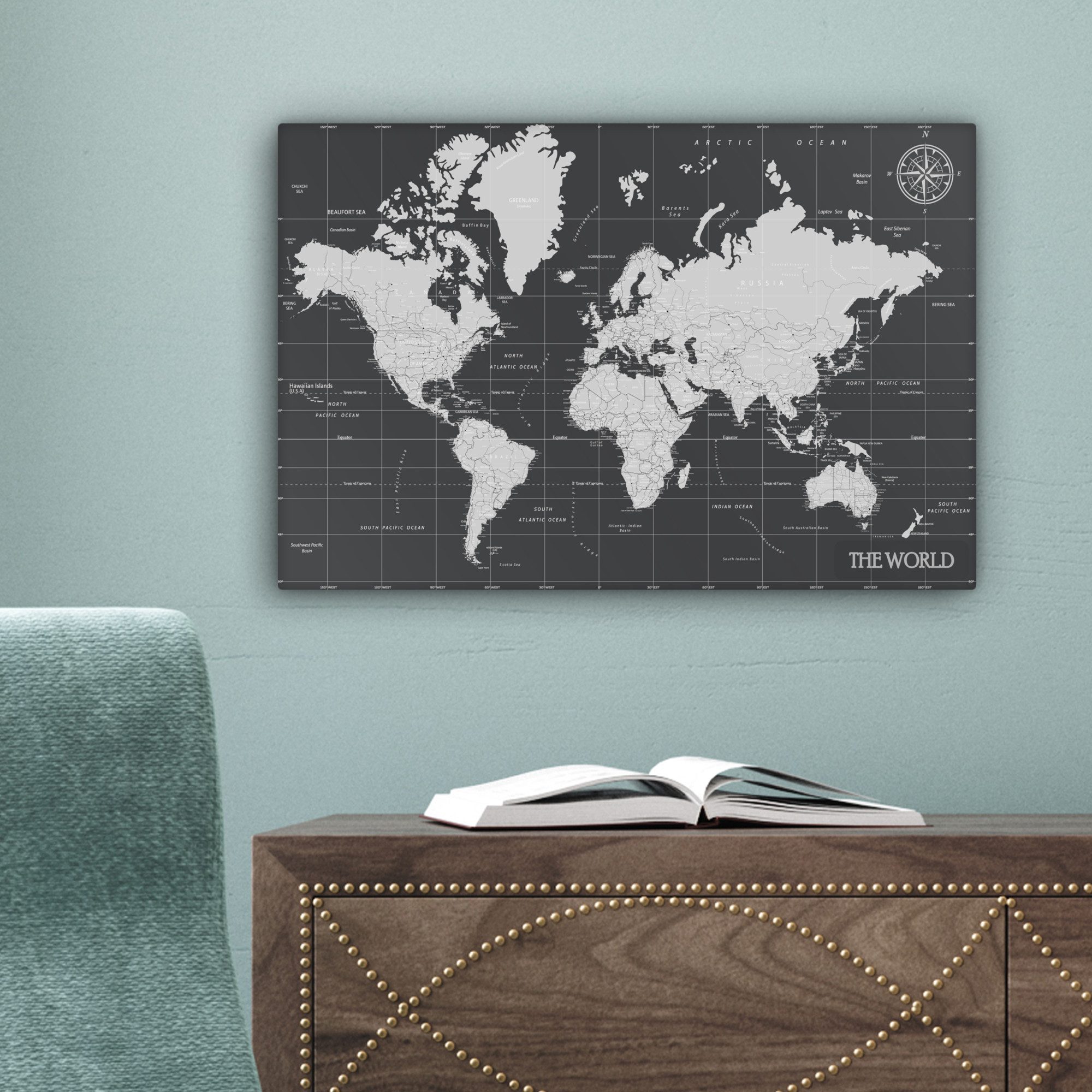 OneMillionCanvasses® Leinwandbild Weltkarte - Schwarz - Weiß - Welt, Fotodruck (1 St), Leinwand Bilder Klein, Wand Dekoration Aesthetic 30x20 cm – Bild 3 von 5