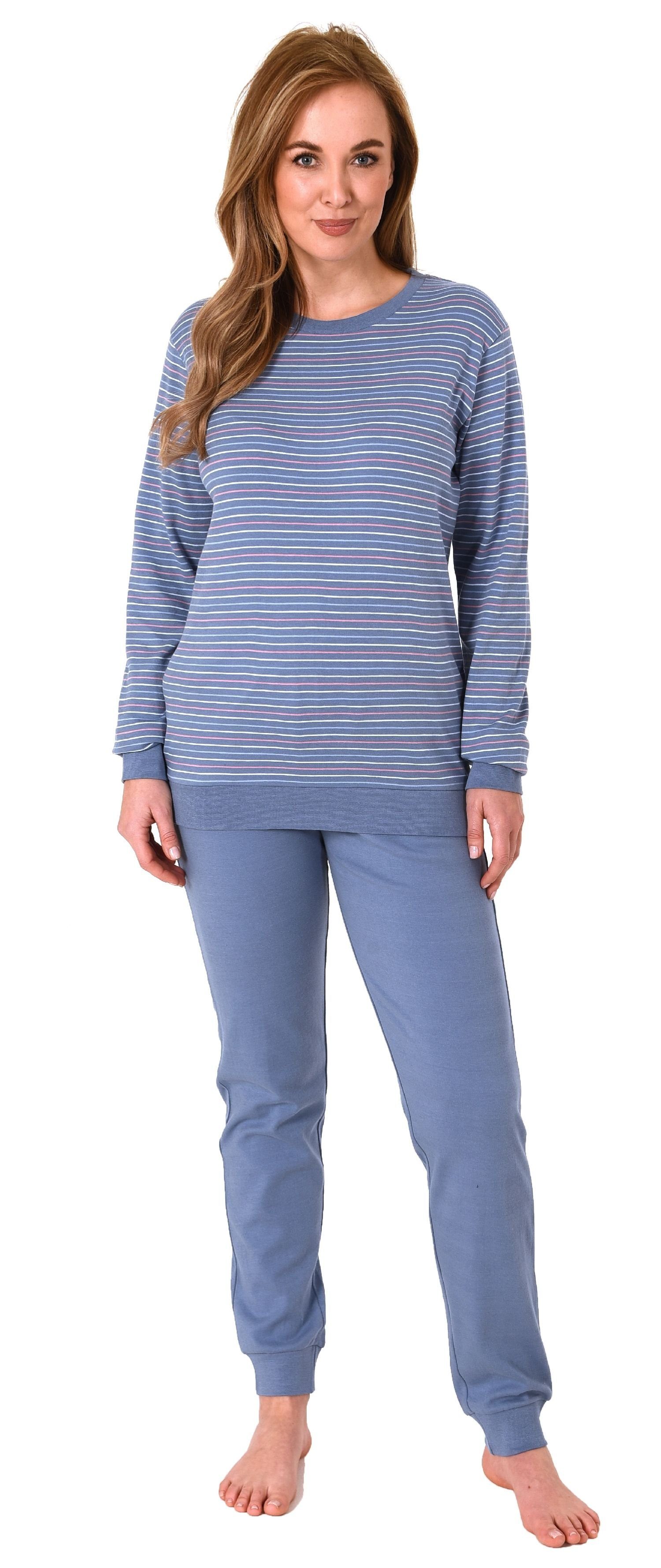 Normann Pyjama Kuscheliger Interlock Damen Schlafanzug mit Bündchen in Streifenoptik blau