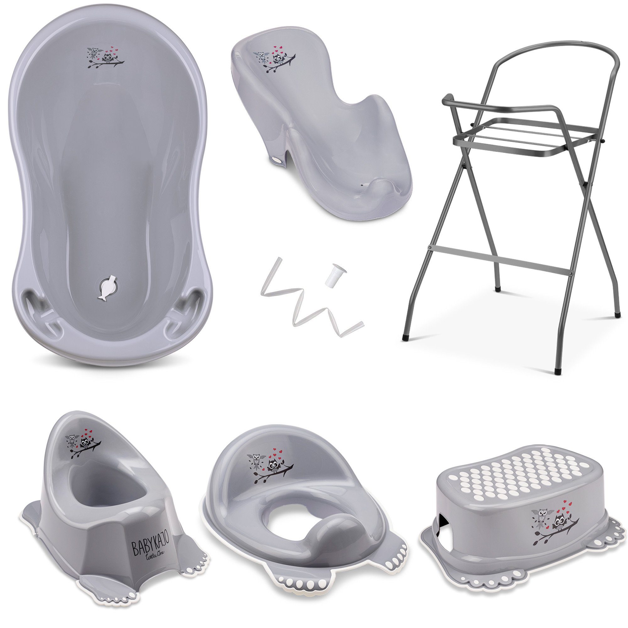 grau + Babybadewanne, WC mit Töpfchen Eule Gestell Trainer + Badewanne + (Teile, Babykajo + 7-tlg), Hocker Badesitz Baby