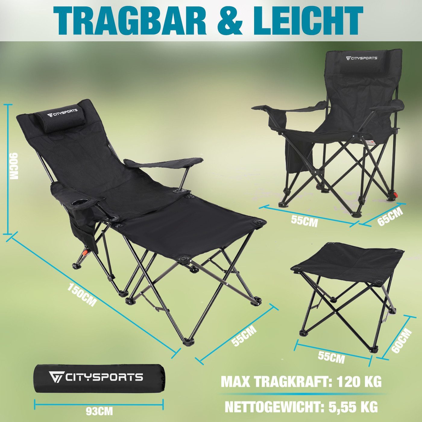 CITYSPORTS Campingstuhl Faltbar mit Fußablage, Abnehmbare Strandstuhl