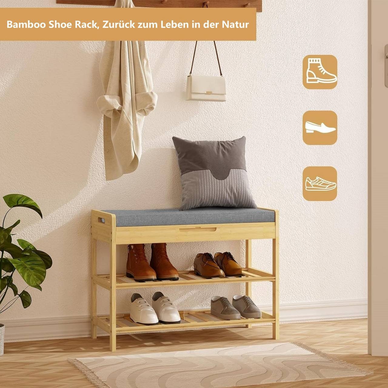 Woltu Schuhregal, 1-tlg., mit Sitzbank, Schuhbank aus Bambus